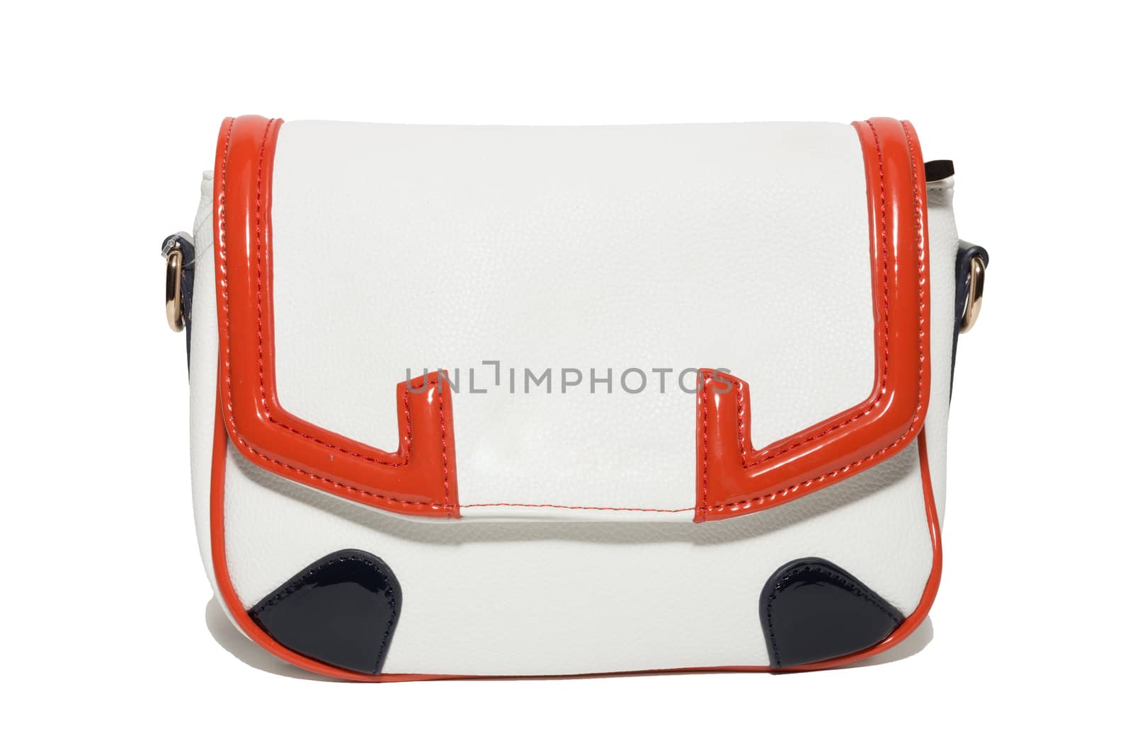 The photograph shows a female handbag on a white background