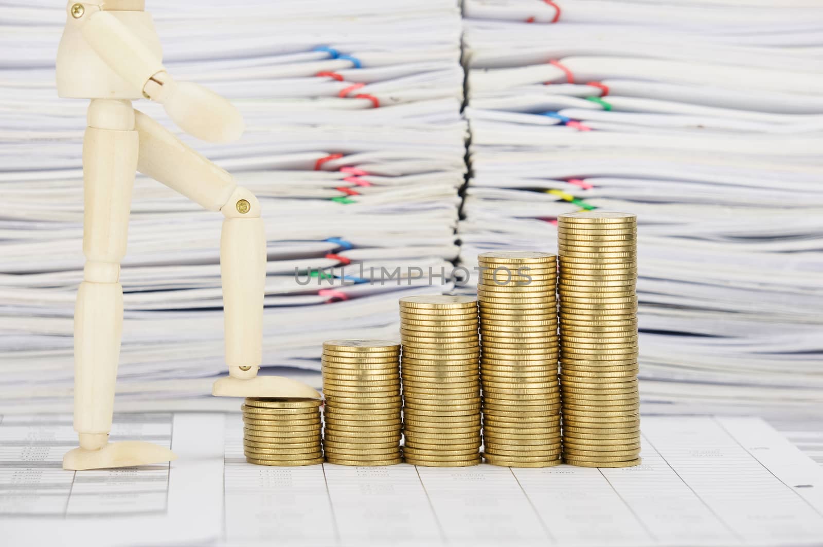 Wooden dummy step up with step pile of gold coins by eaglesky