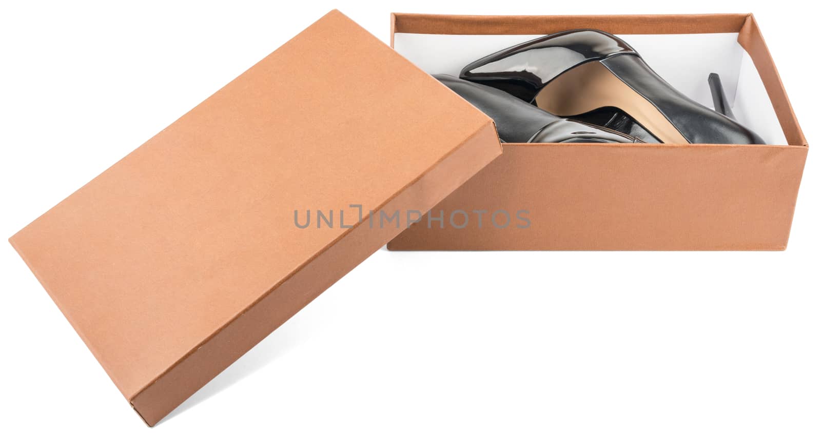 New black leather high heel shoes in box isolated on white background