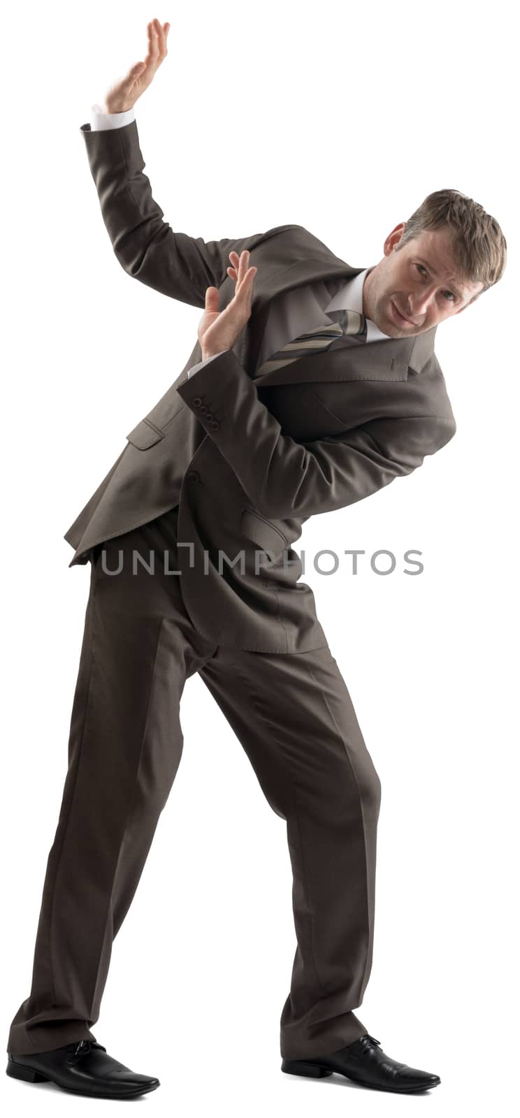 Man defending himself isolated on white background