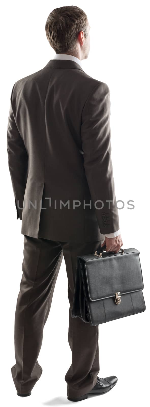 Back view of young businessman standing with briefcase isolated on white background