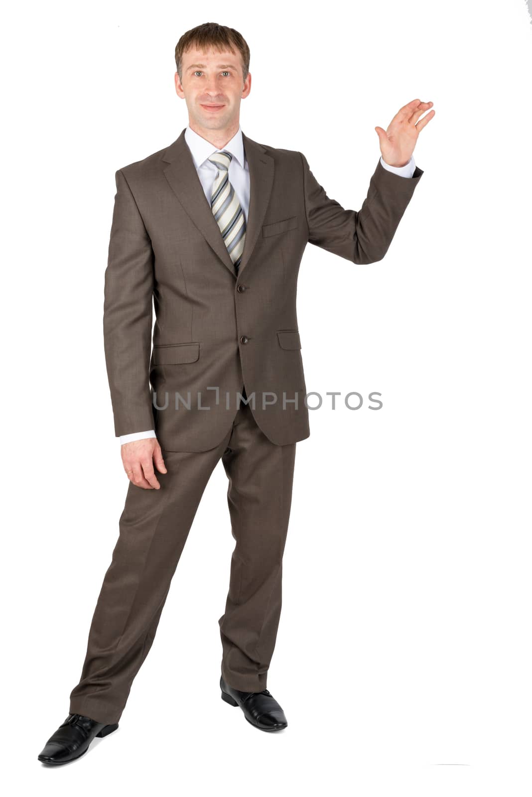 Business man presenting something on white background