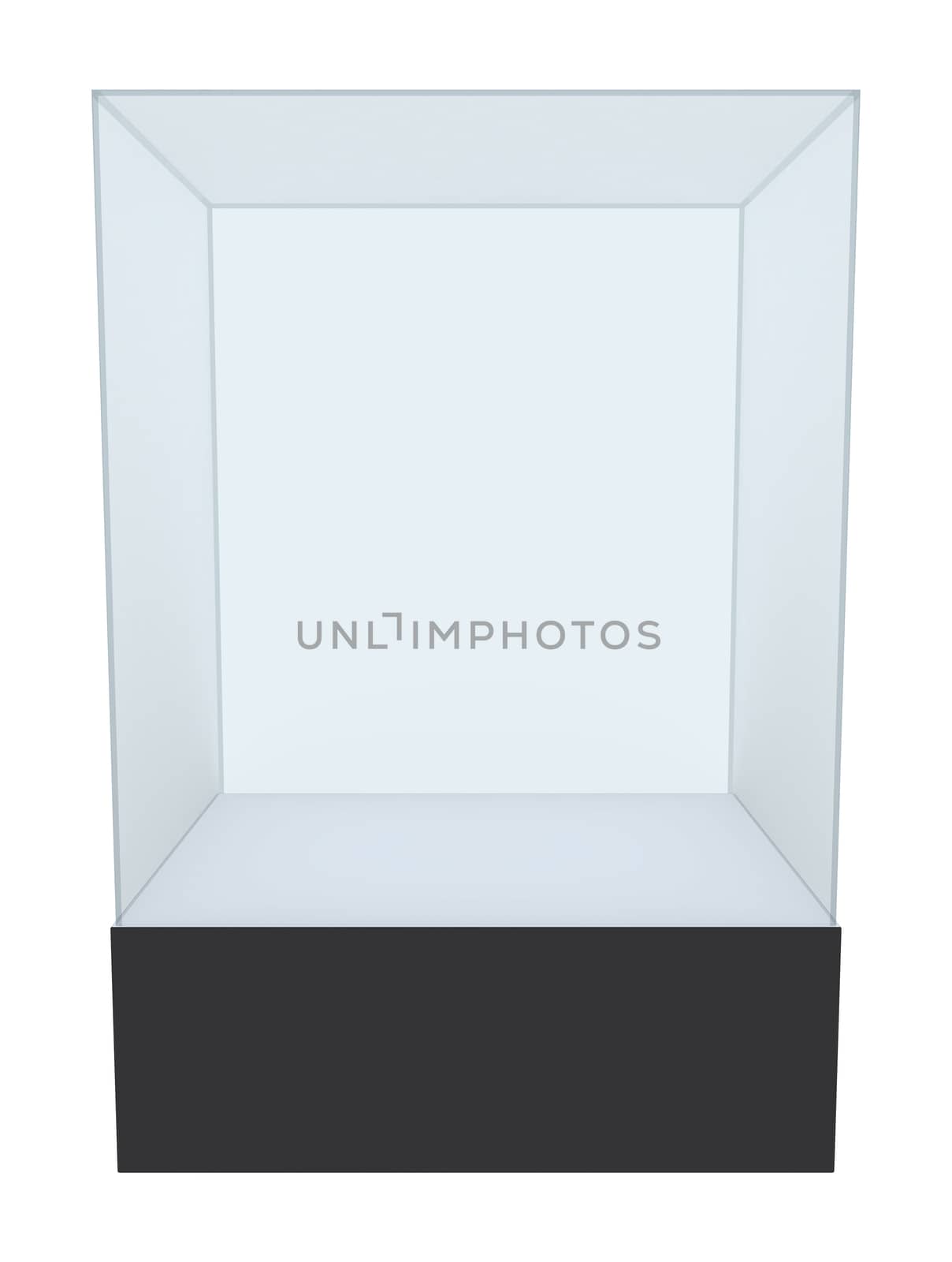 Glass cube on pedestal. 3d illustration on white background
