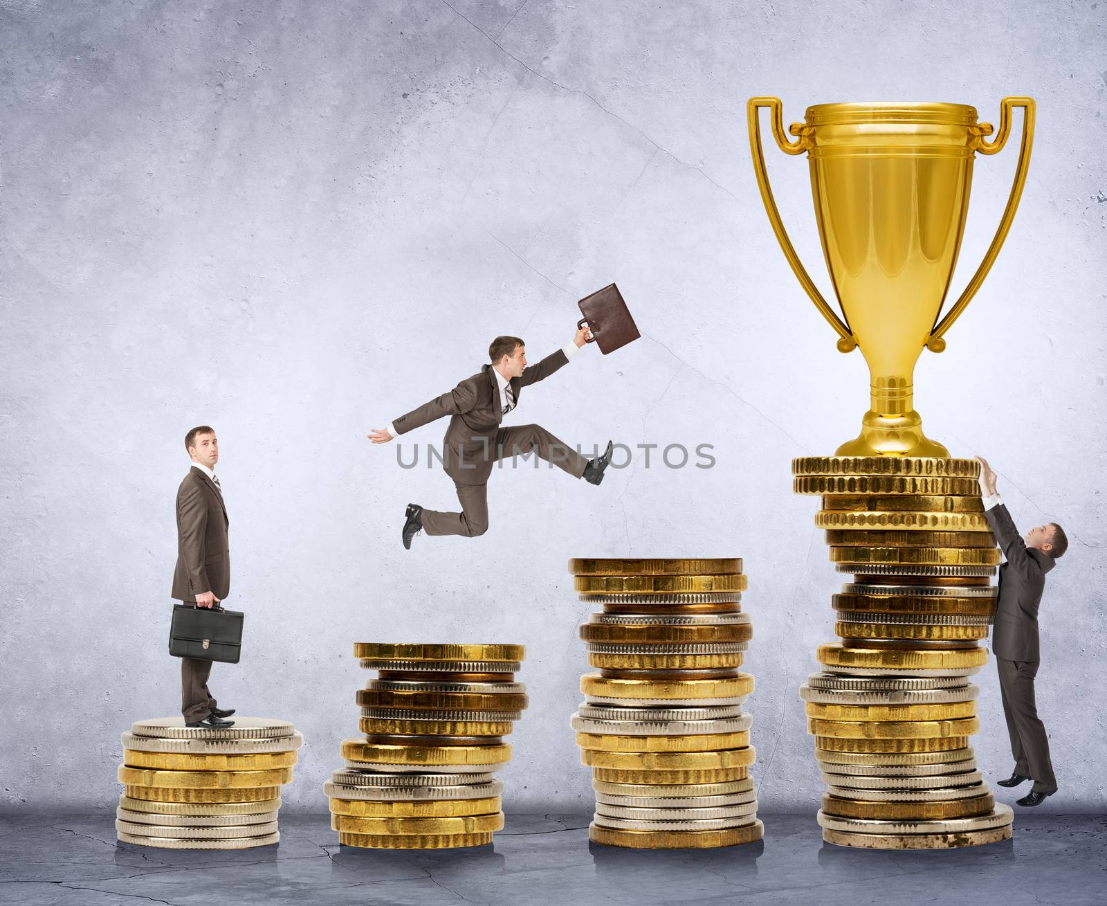 Businessman trying to get gold cup moving on coins stairs