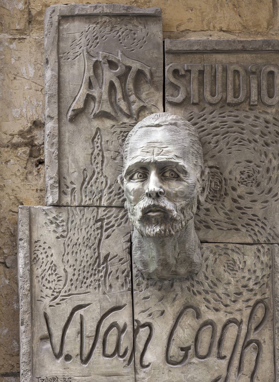 Van Gogh bas-relief  on a wall outside art studio in Valletta, Malta.