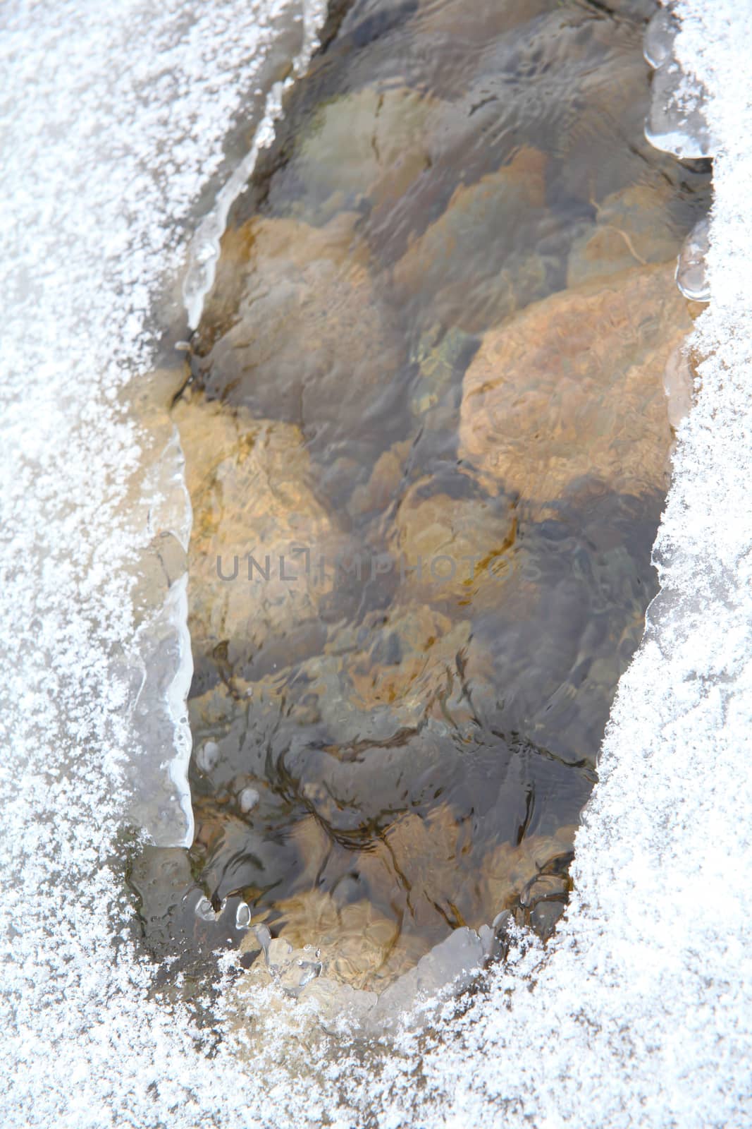 Broken river ice covered in fresh snow 