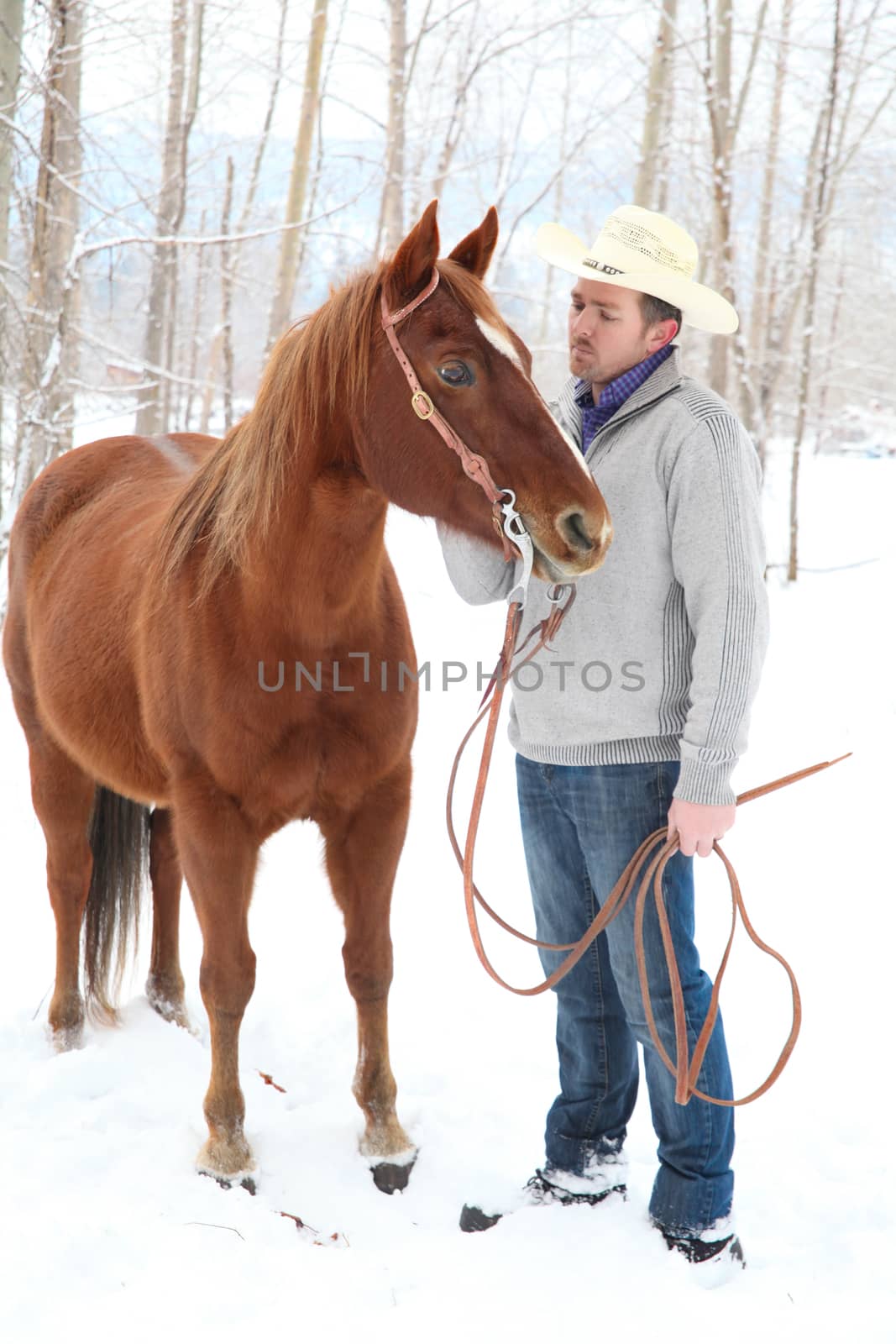 Young cowboy with his horse in a snow forest