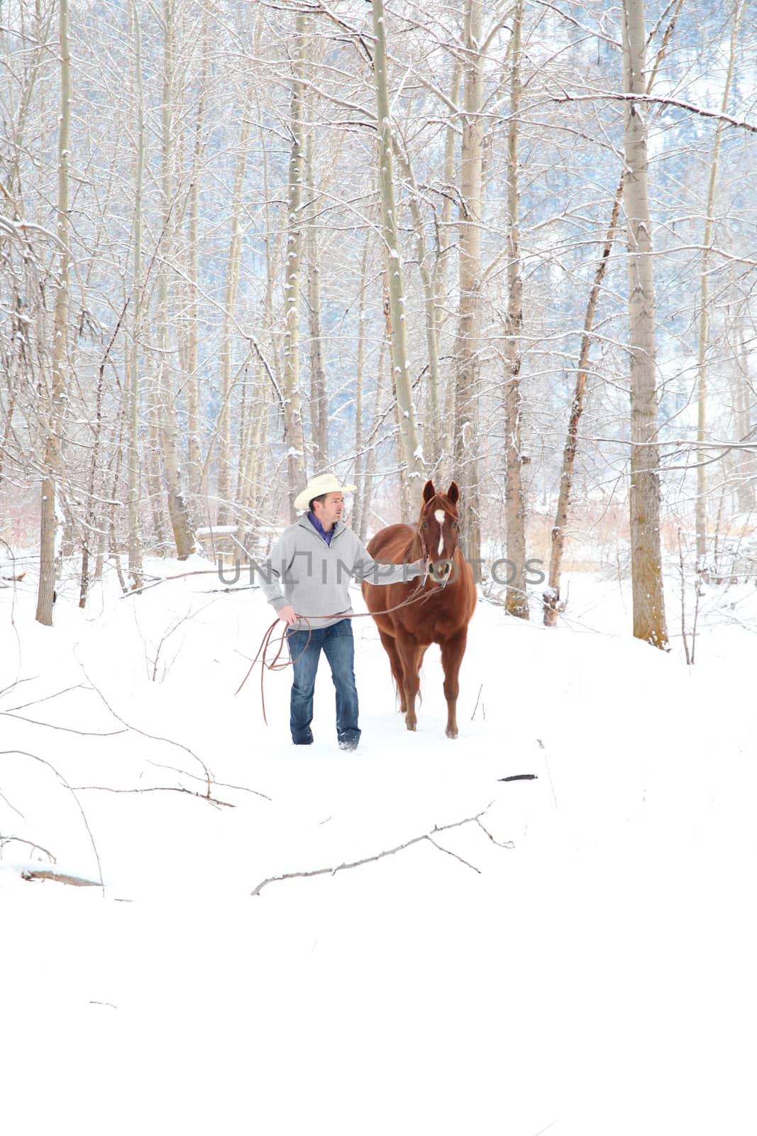 Young cowboy with his horse in a snow forest