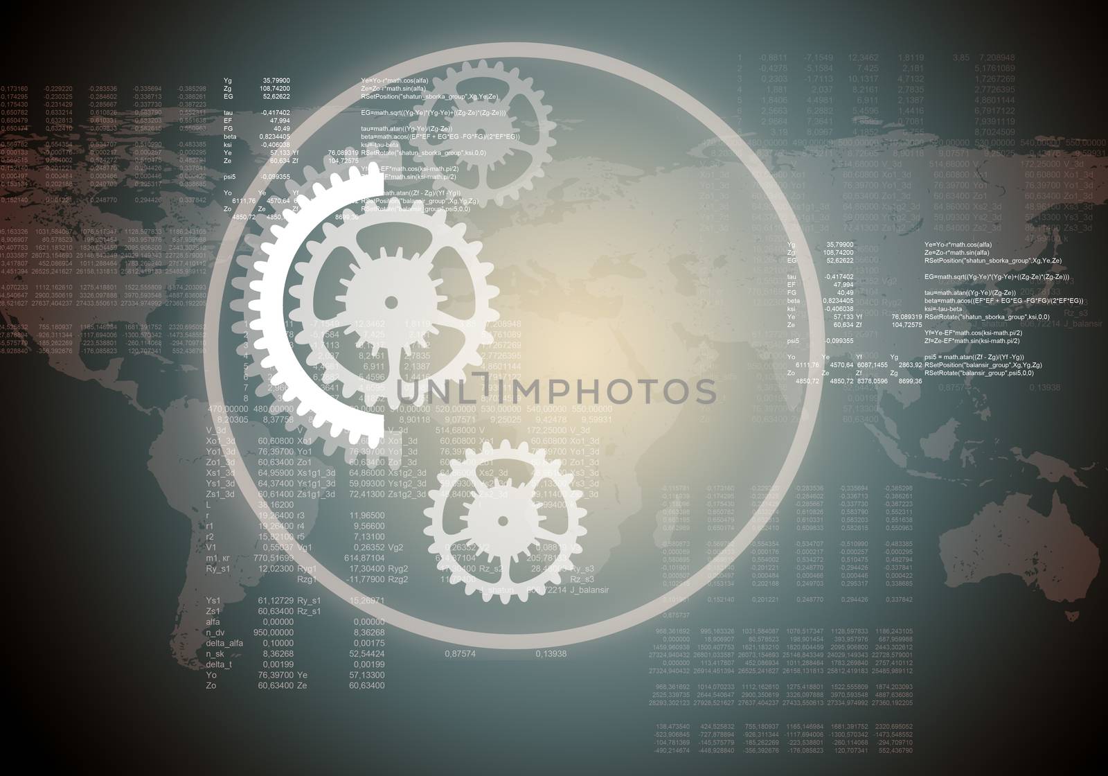 Set of abstract gear wheels on grey background with world map