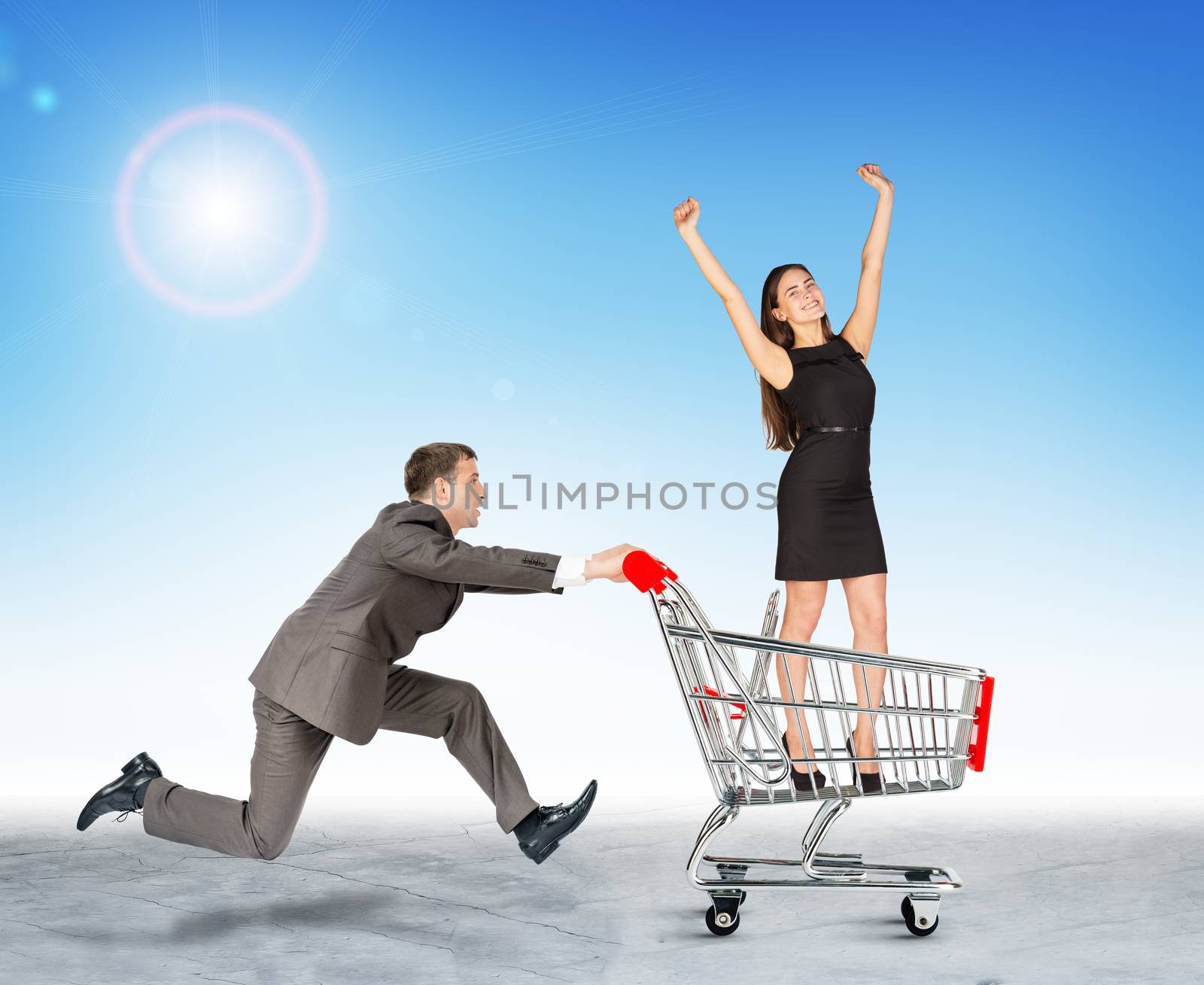 Running businessman with girl in shopping cart by cherezoff