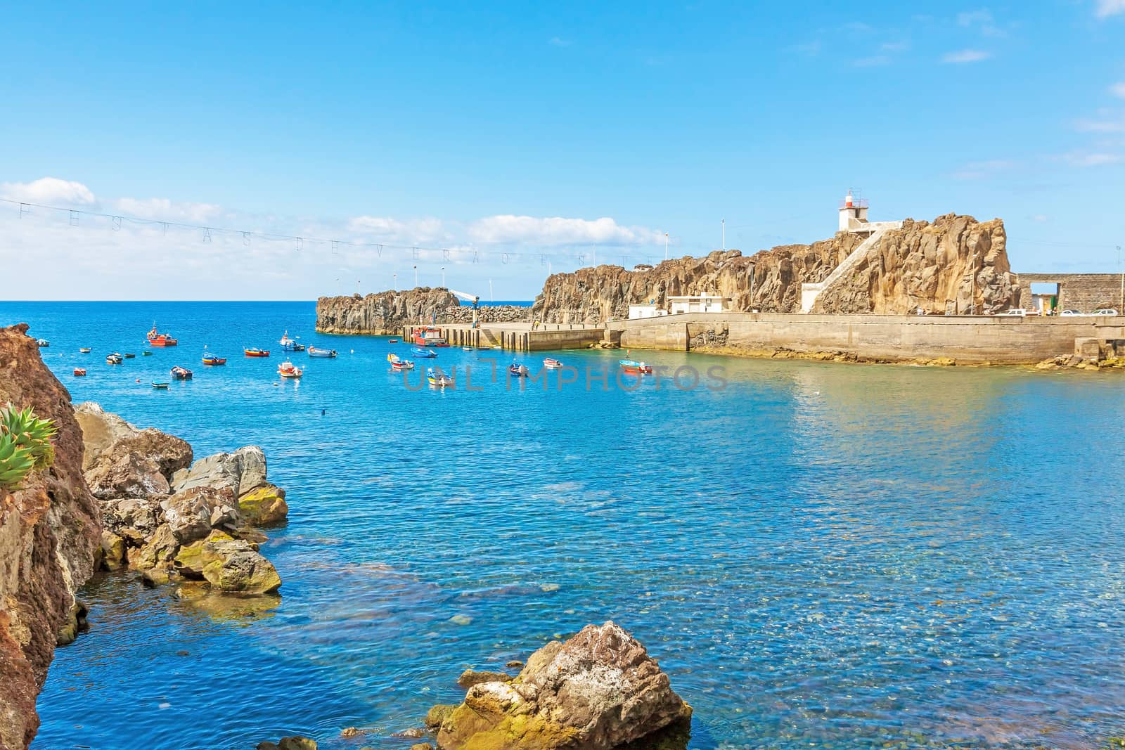 Port of Camara de Lobos, Madeira with fishing boats. The village is typical for its cat shark drying under the sun.