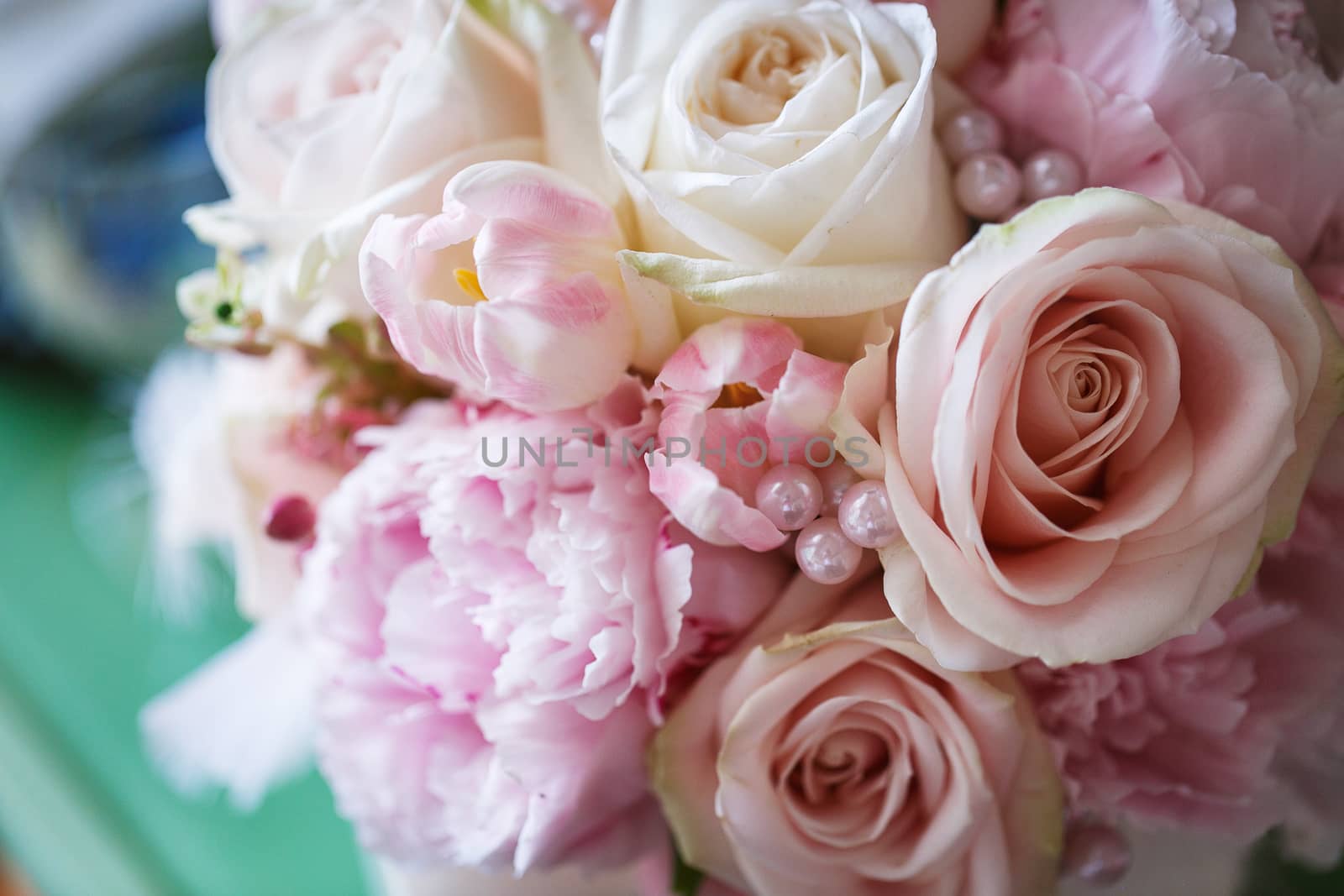 Beautiful wedding bouquet from white and pink flowers 