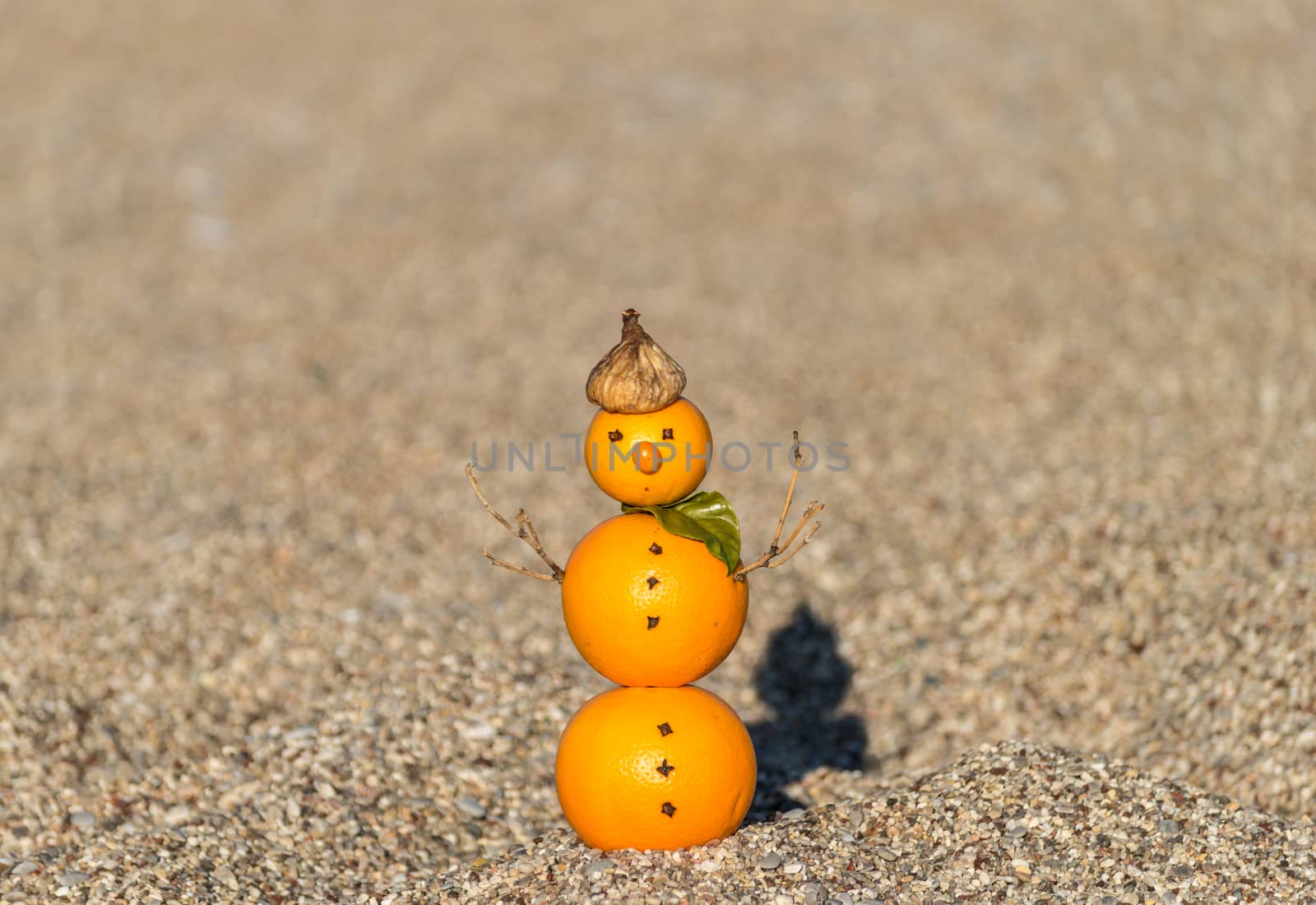 Snowman made of oranges near the sea