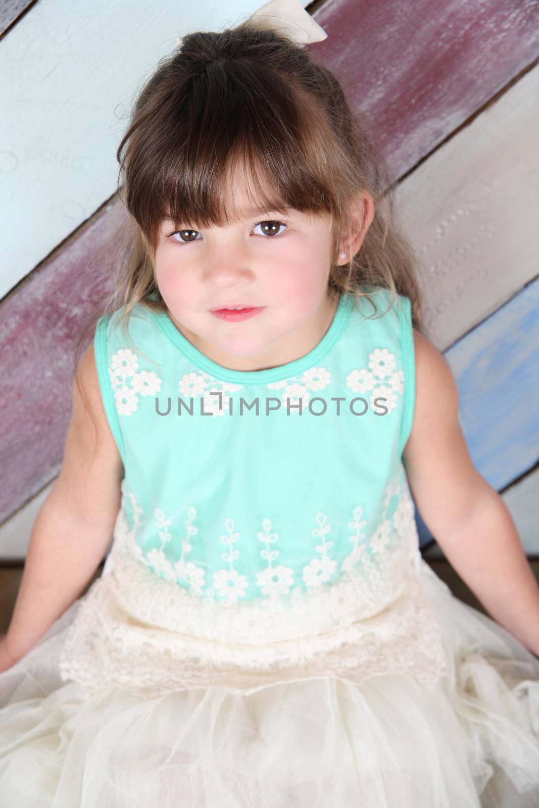 Brunette toddler girl against a colorful background