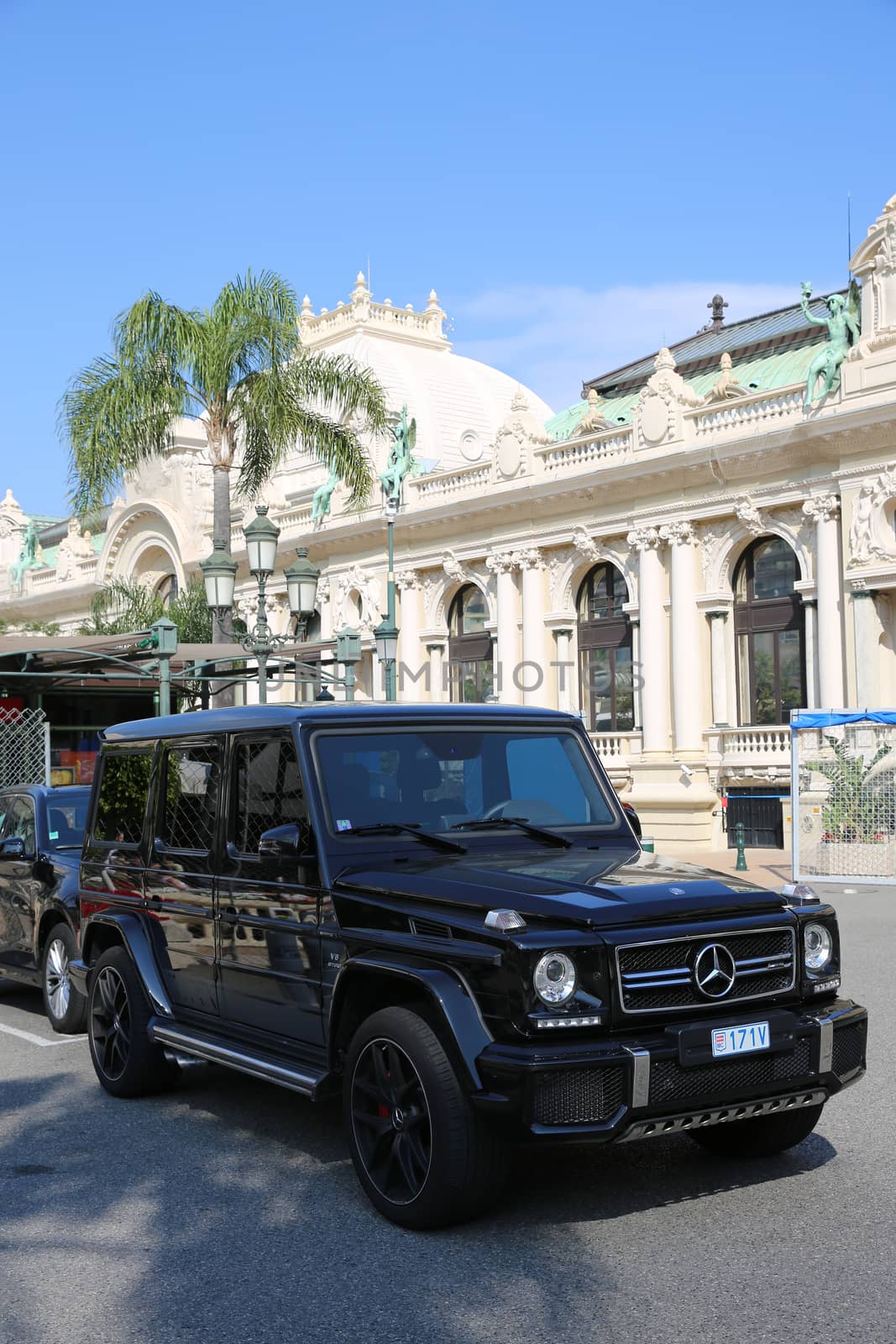 Monte-Carlo, Monaco - May 17, 2016:  Luxury Black SUV Mercedes G 63 AMG Parked in Front of the Monte-Carlo Casino in Monaco