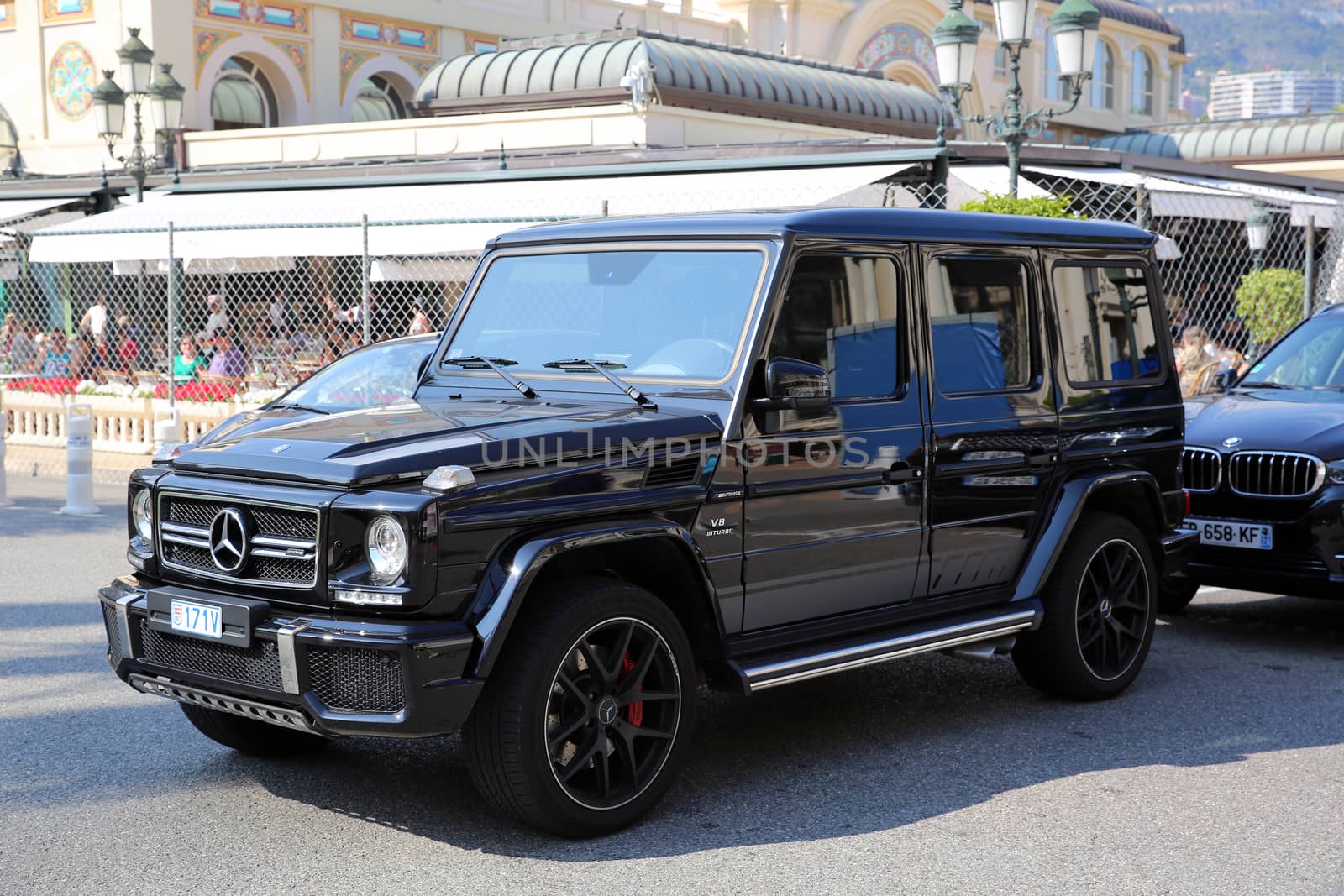 Monte-Carlo, Monaco - May 17, 2016:  Luxury Black SUV Mercedes G 63 AMG Parked in Front of the Monte-Carlo Casino in Monaco