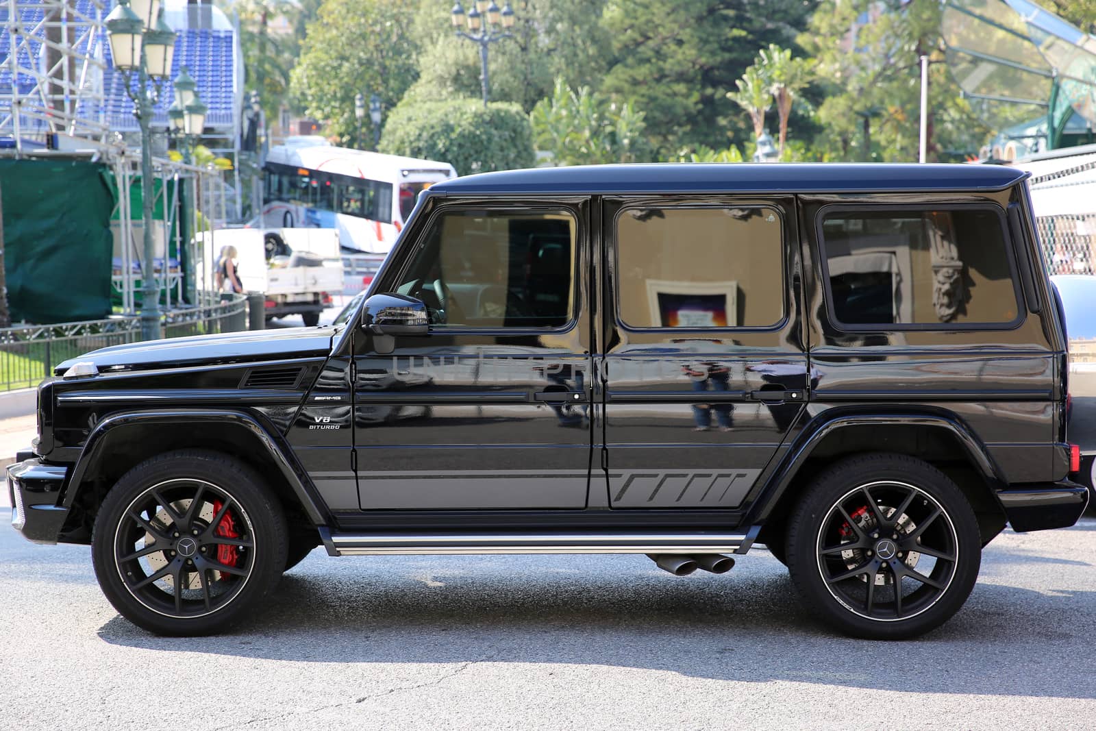 Monte-Carlo, Monaco - May 17, 2016:  Luxury Black SUV Mercedes G 63 AMG Parked in Front of the Monte-Carlo Casino in Monaco