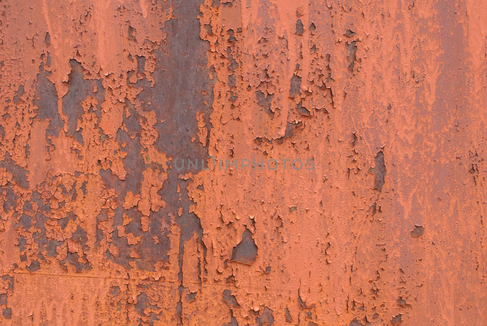 fragment of an iron surface is covered with red color paint, which has long been under the influence of different climatic conditions