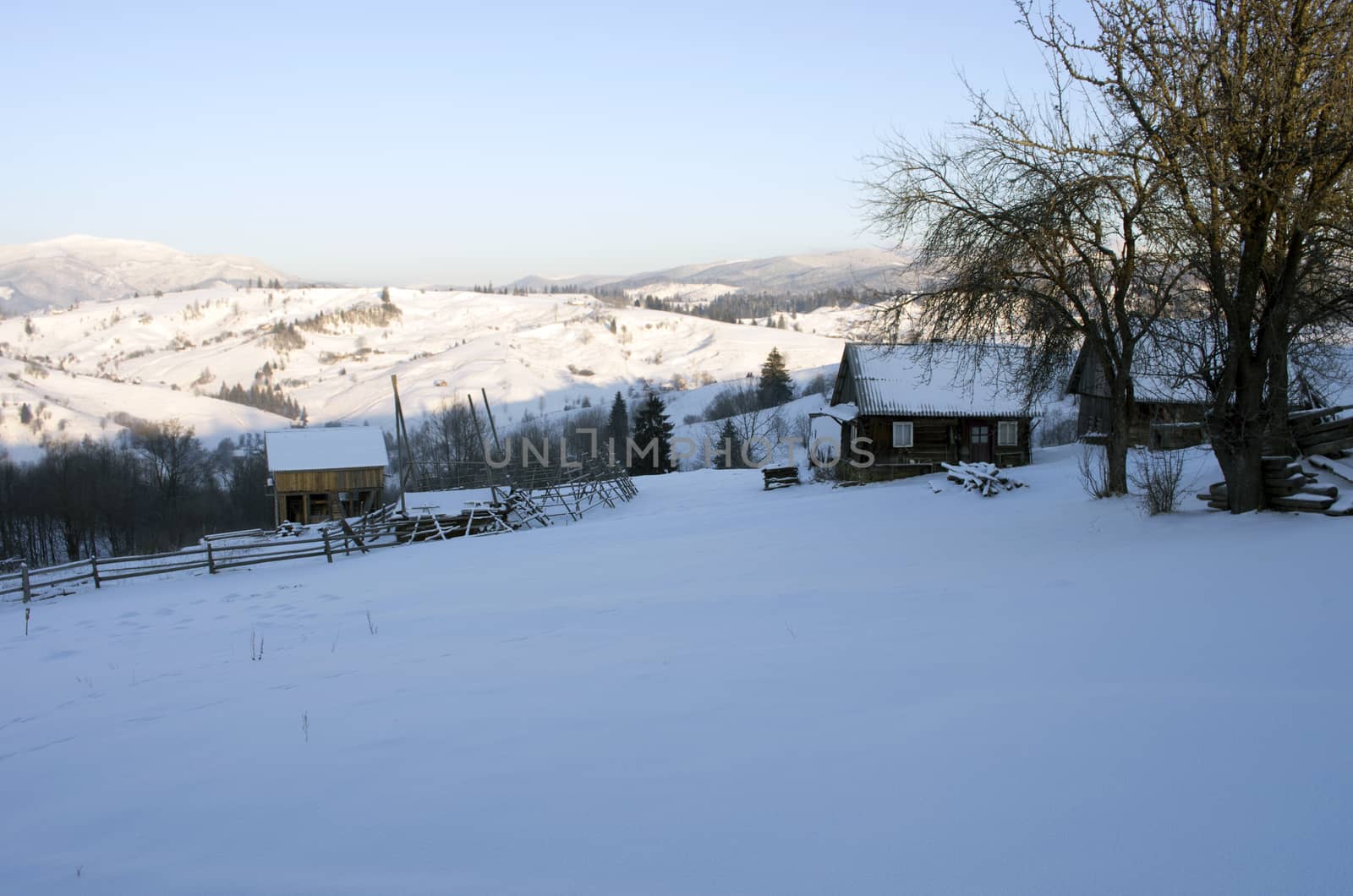 Carpathian mountain valley covered with fresh snow. Majestic landscape. Ukraine, Europe