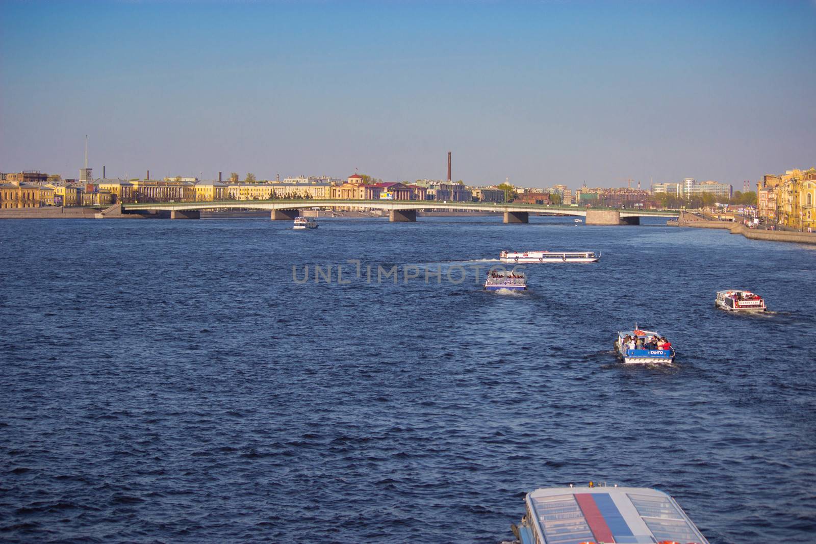 touristic ships on Neva river, sankt petersburg