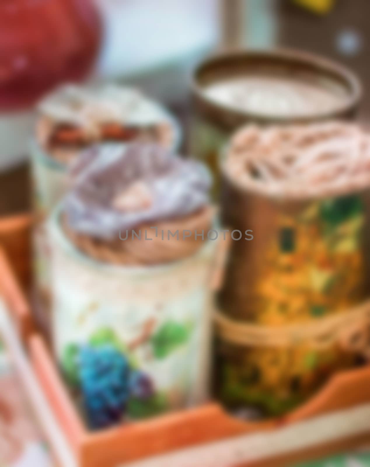 decorative metal cans for the interior, tea, design house, soft focus, texture is blurred, blur the background and texture