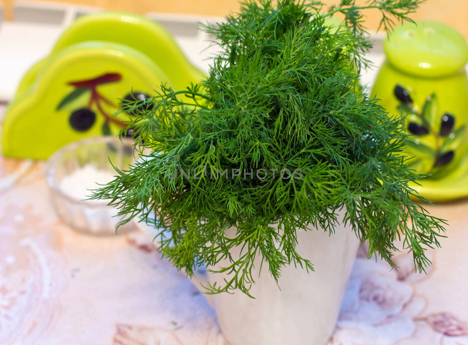 dill in a beam in the kitchen in the cup by KoliadzynskaIryna