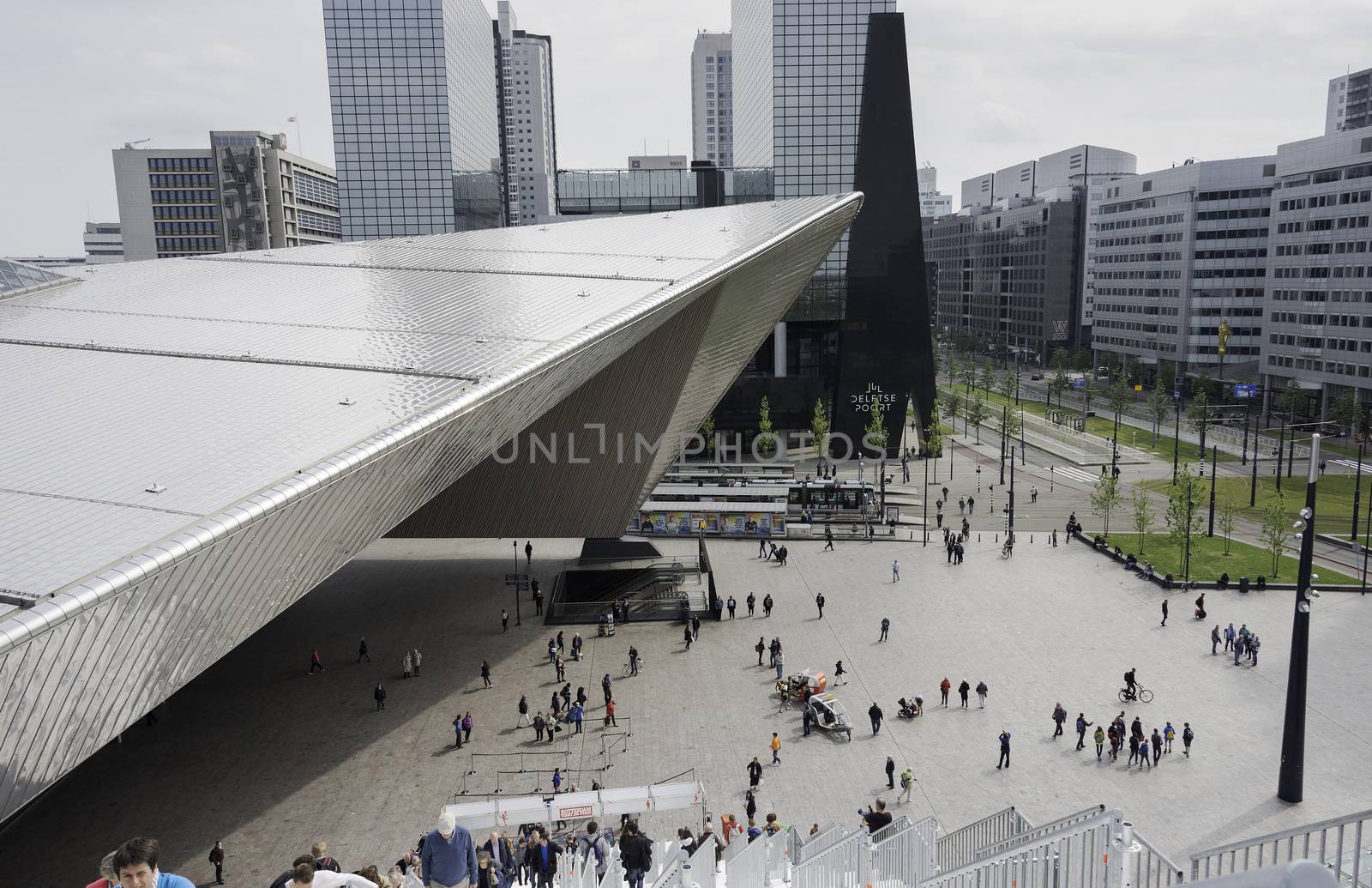 ROTTERDAM,HOLLAND-MAY 18, Unidentified  people at a giant staircase with 180 steps from the station to the Groothandelsgebouw on May 18 2016 in Rottrerdam, a nod to 75 years rebuilding the city