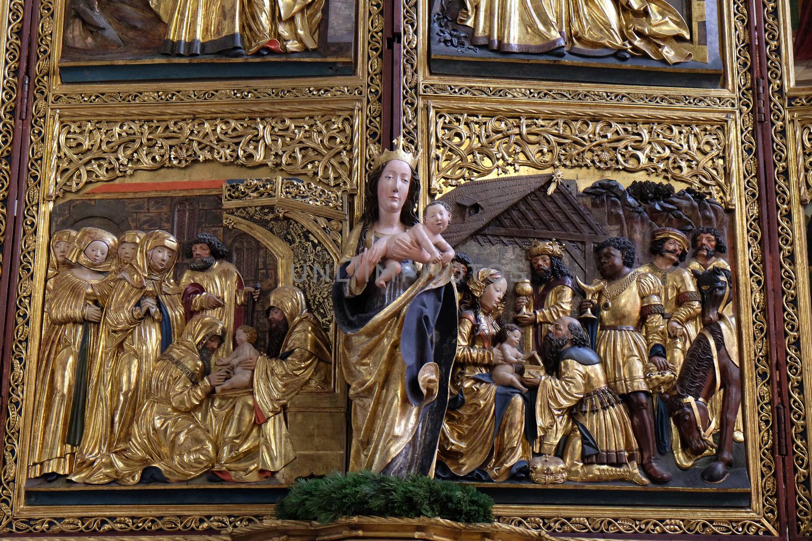 Virgin Mary with baby Jesus, altar in Maria am Berg church on December 13, 2014 in Hallstatt, Austria.