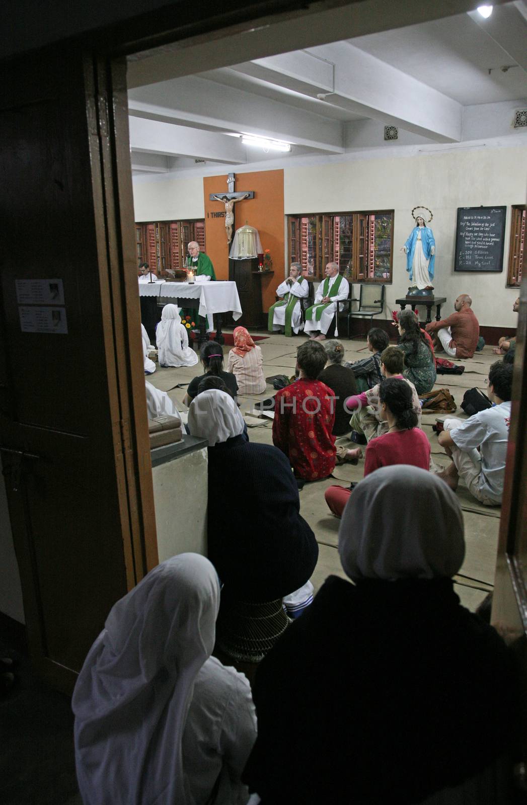 Sisters of The Missionaries of Charity of Mother Teresa at Mass in the chapel of the Mother House, Kolkata, India at January 30, 2019.