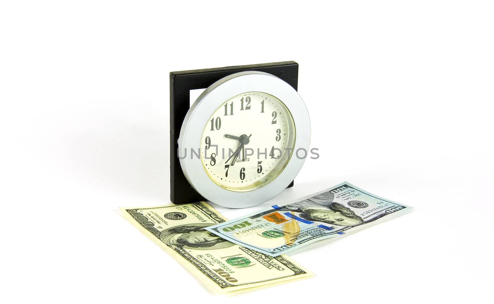 Table clock and two 100 dollar bills by Grommik