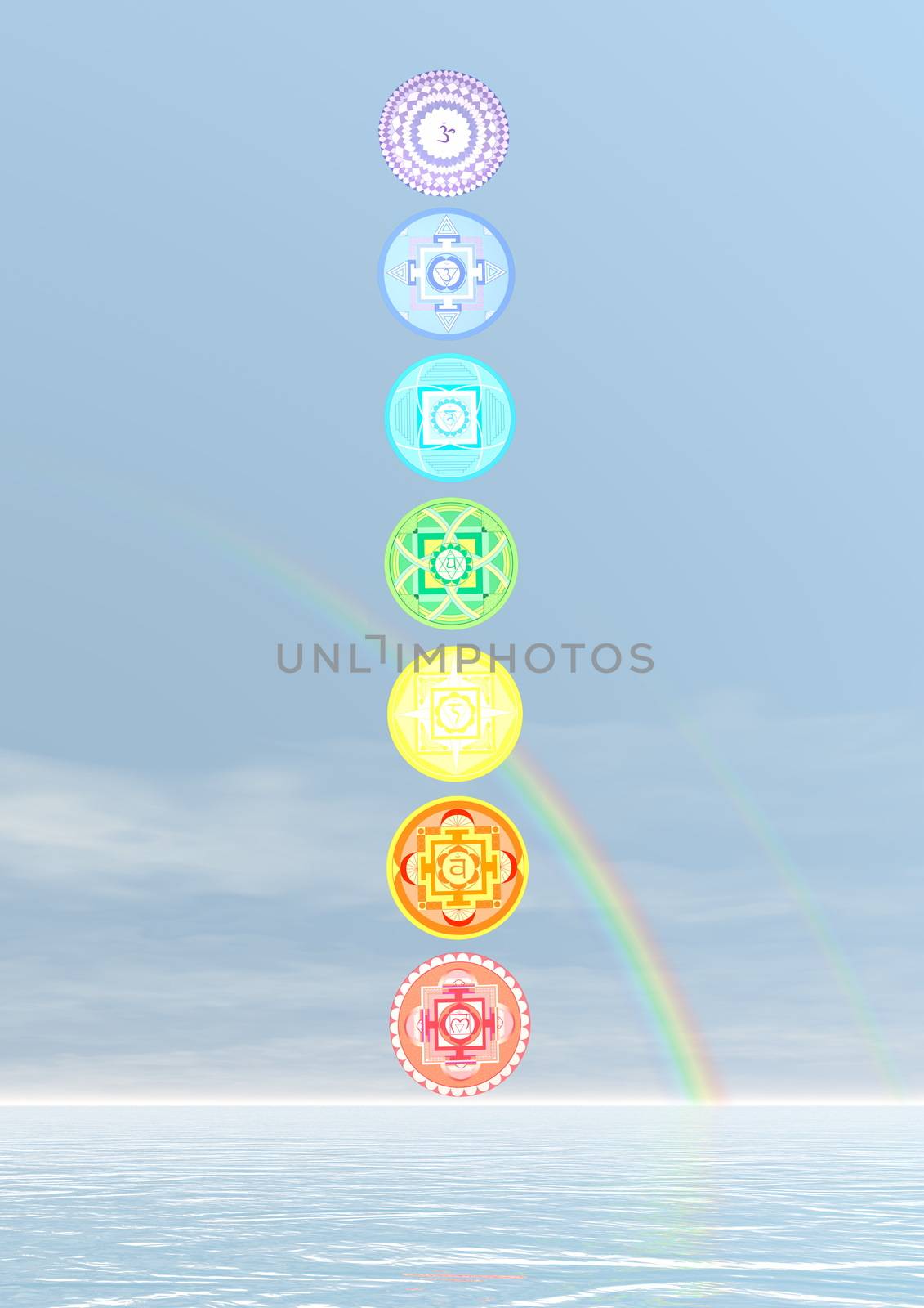 Seven chakra symbols column - 3D render by Elenaphotos21