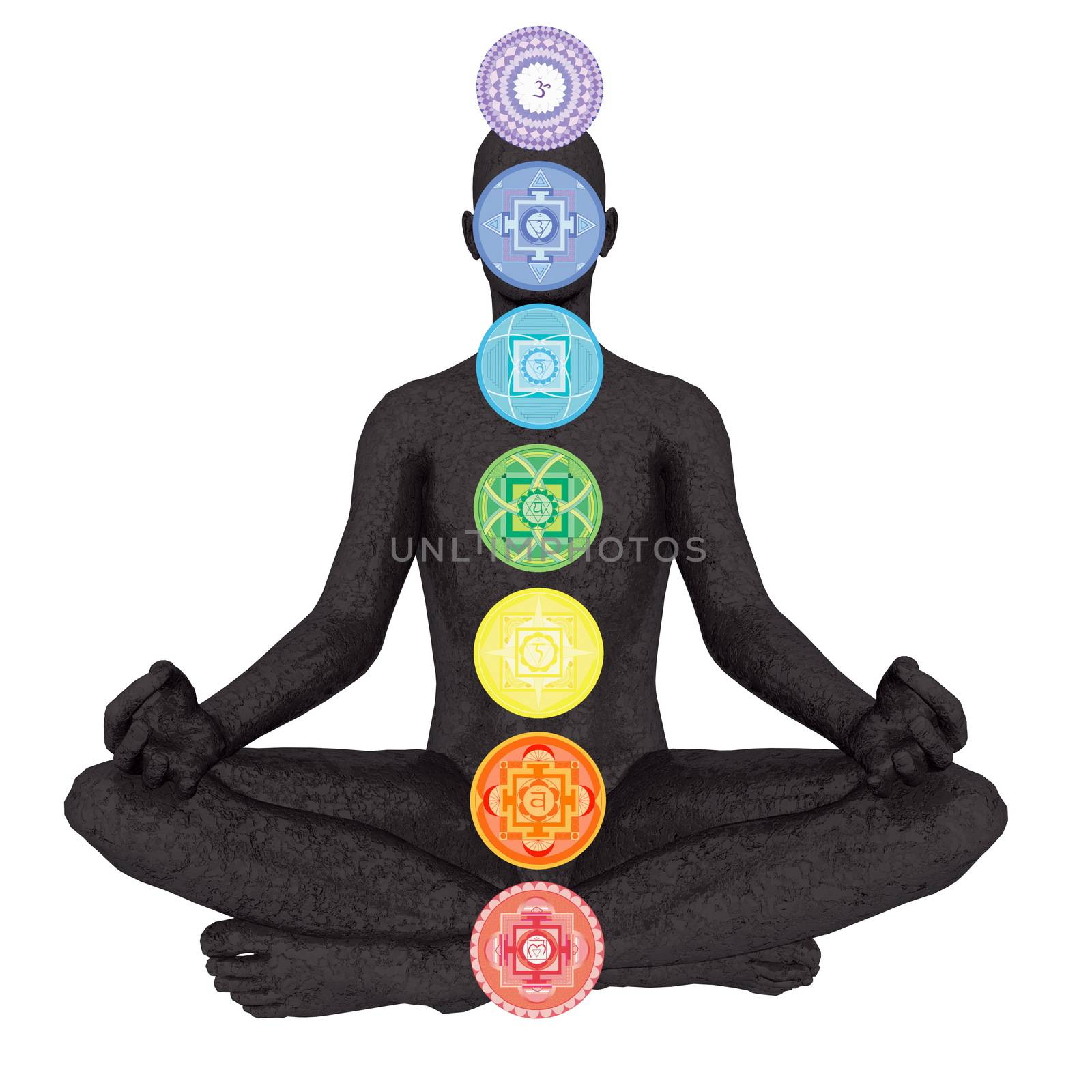 Seven chakra symbols column on black human being - 3D render by Elenaphotos21