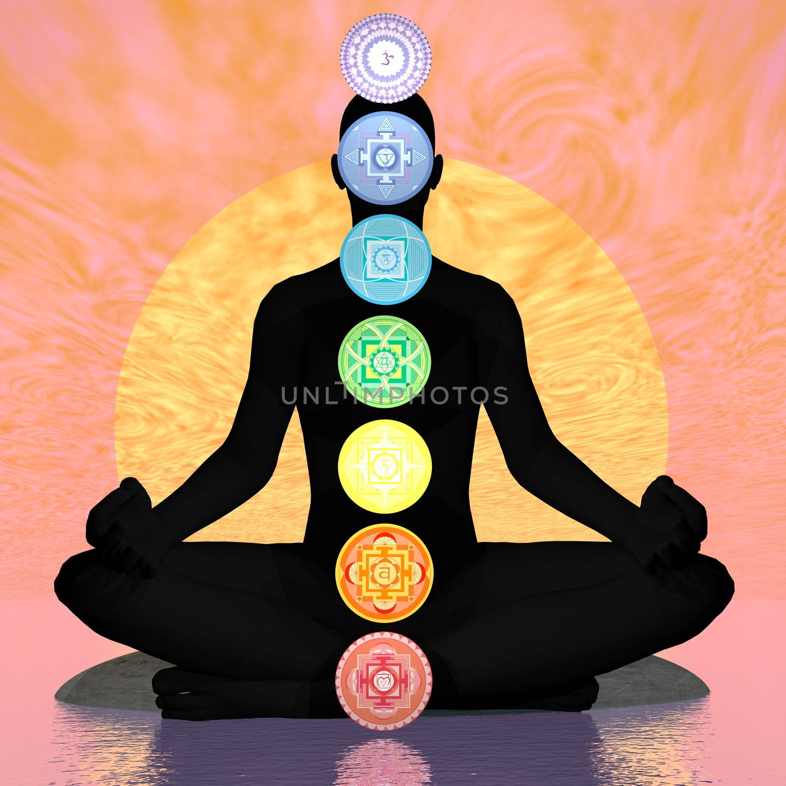 Seven chakra symbols column on black human being in orange sunset background with big sun - 3D render