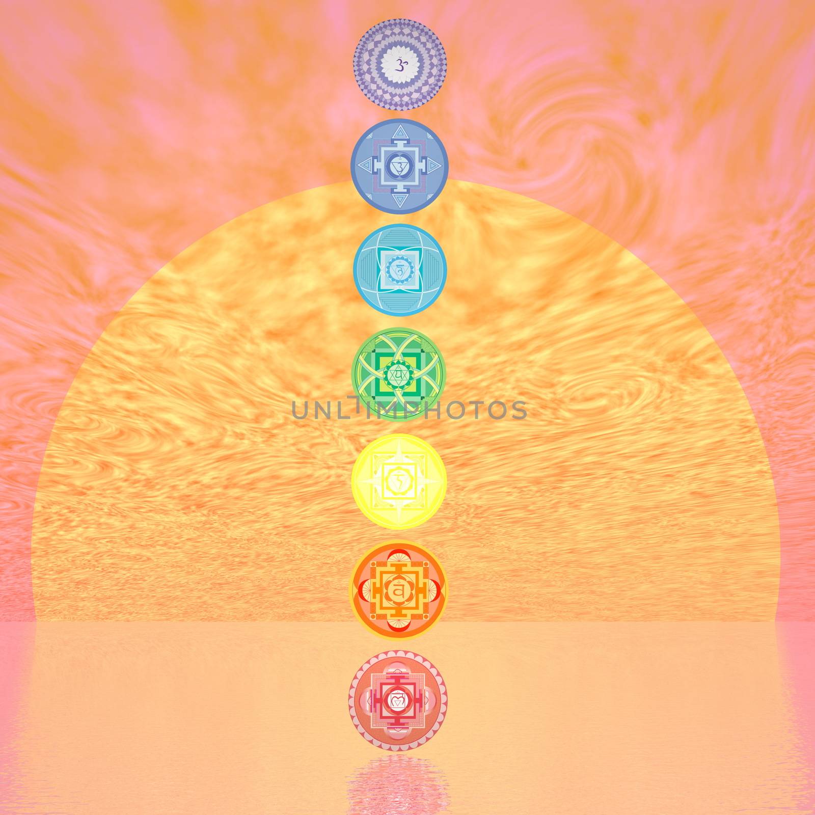 Seven chakra symbols column by sunset - 3D render by Elenaphotos21