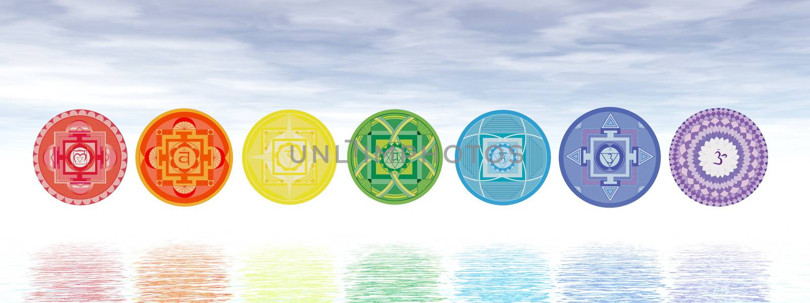 Seven chakra symbols line upon water in blue background - 3D render