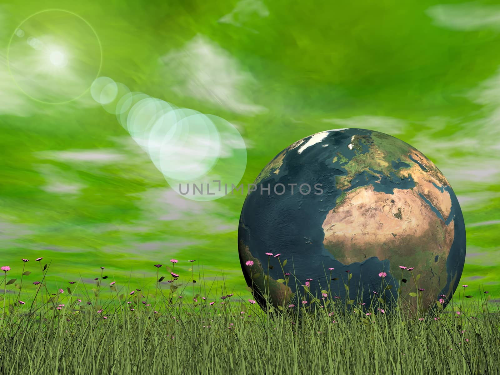 Earth concept in green background with sun halo light - 3D render