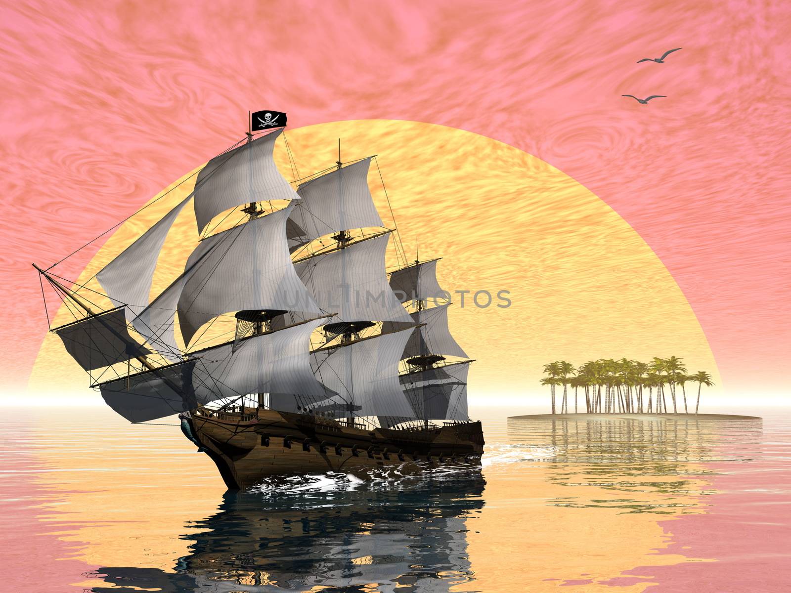 Pirate ship leaving - 3D render by Elenaphotos21