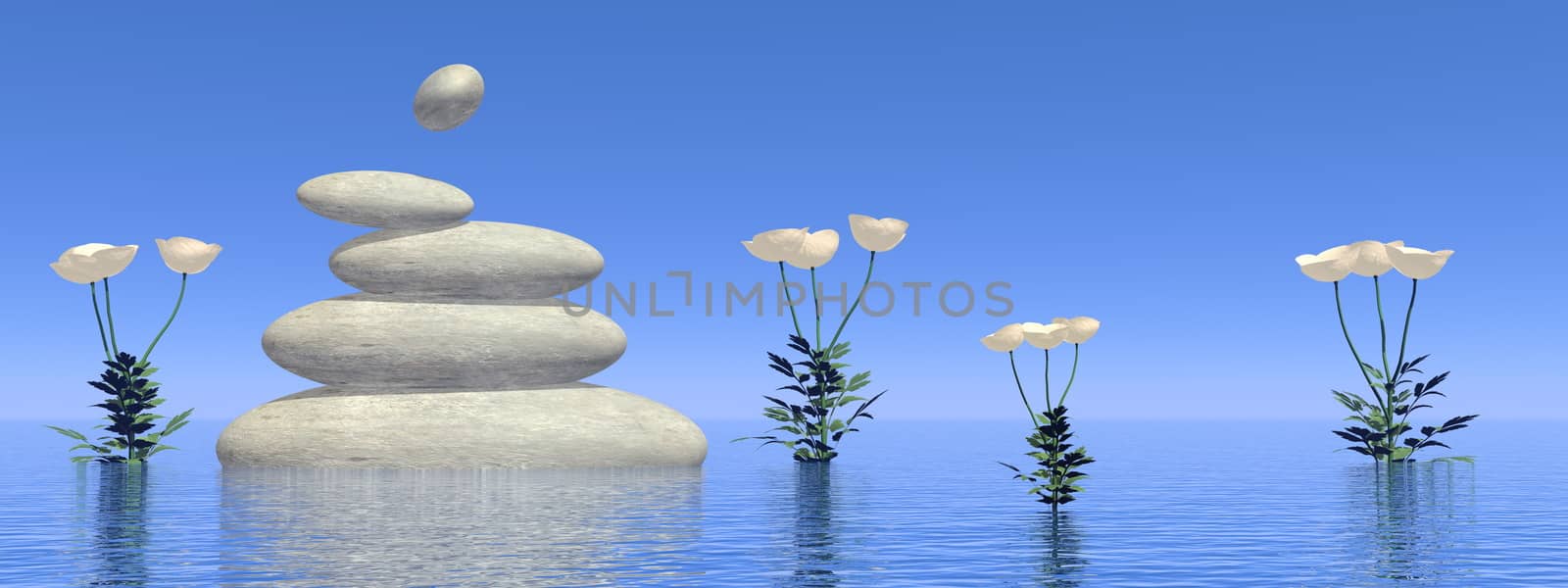 White poppies next to balanced stones upon water by day - 3D render