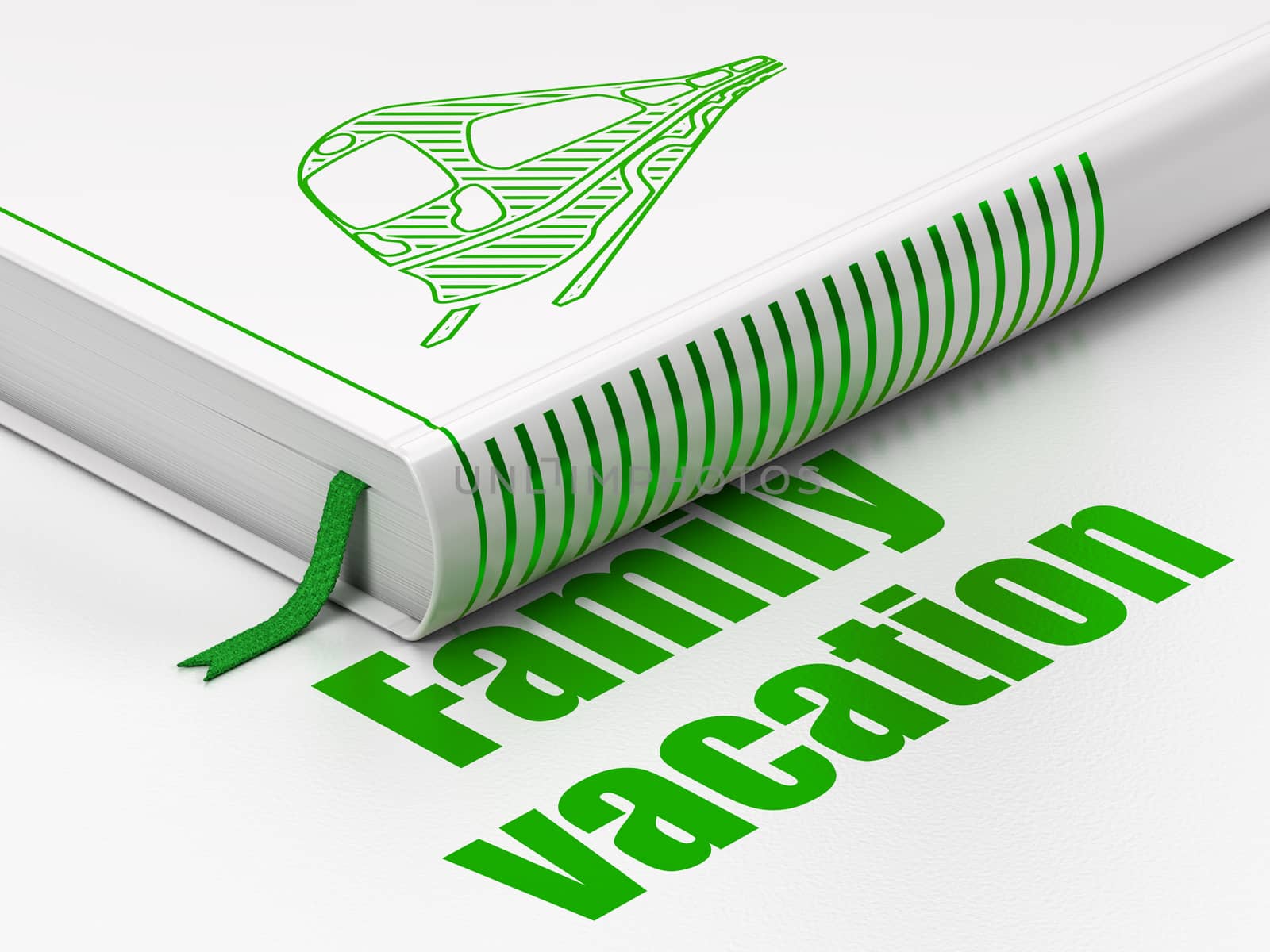Vacation concept: closed book with Green Train icon and text Family Vacation on floor, white background, 3D rendering