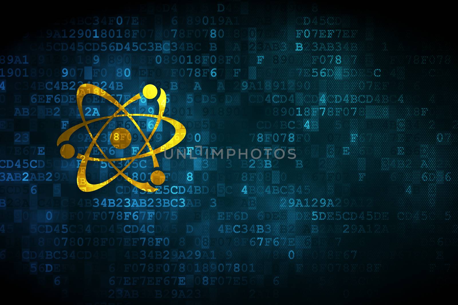 Science concept: pixelated Molecule icon on digital background, empty copyspace for card, text, advertising
