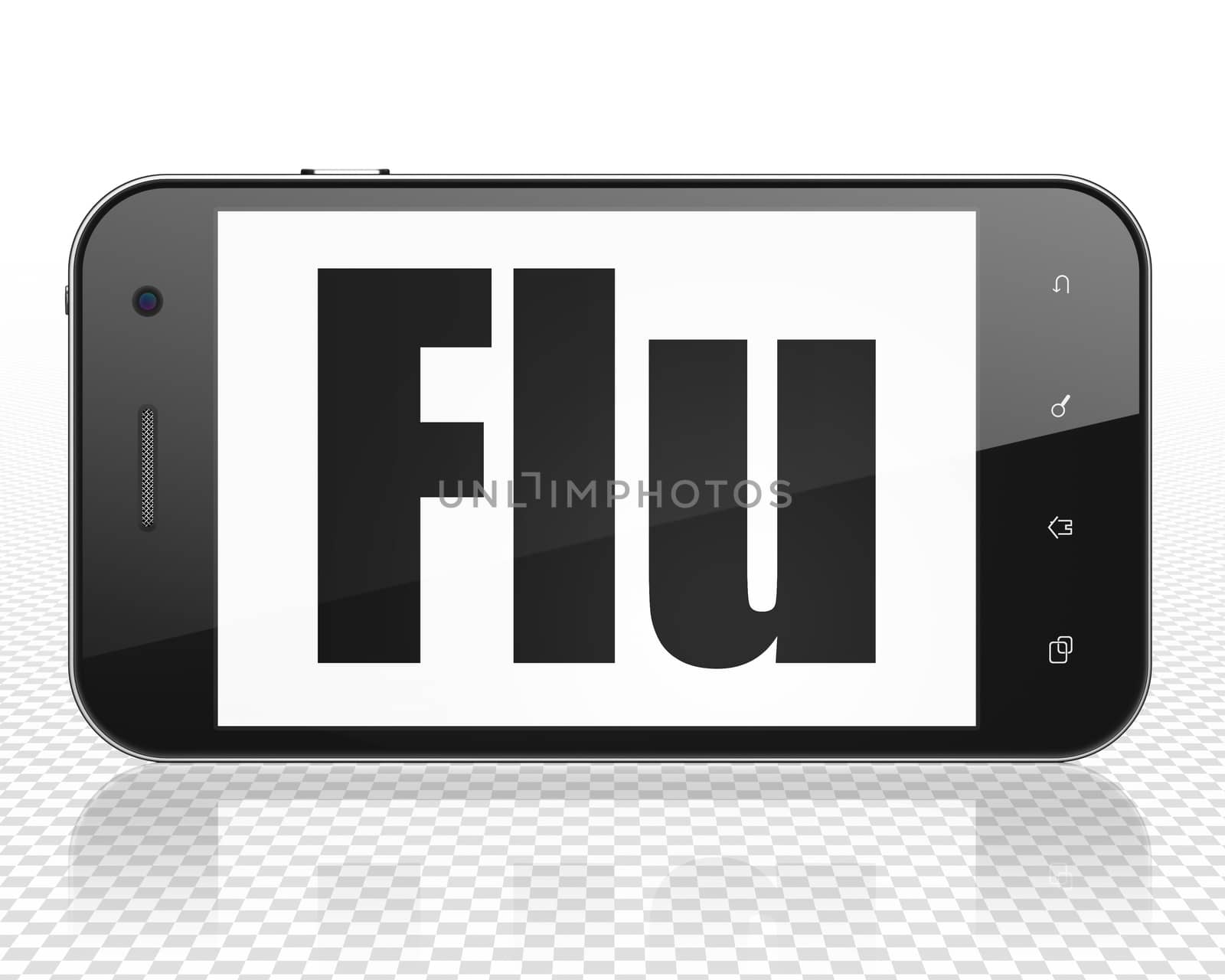 Medicine concept: Smartphone with black text Flu on display, 3D rendering