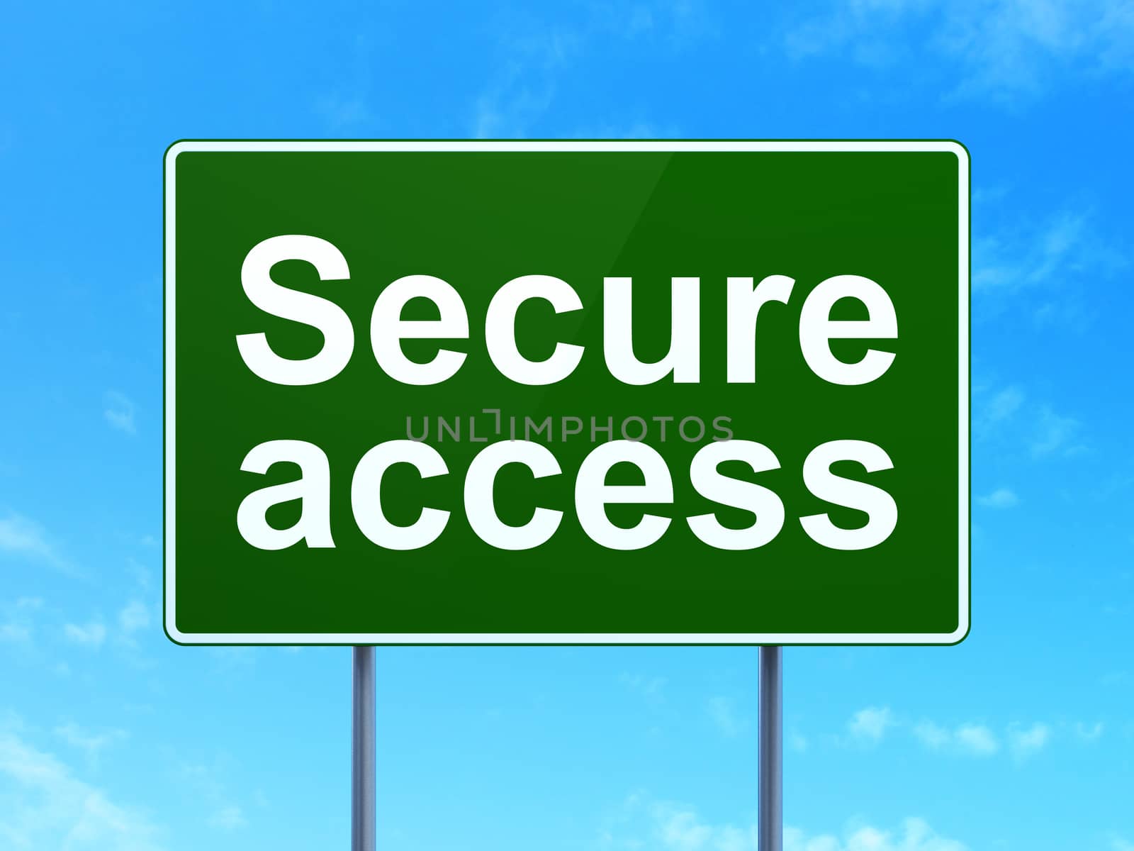 Security concept: Secure Access on green road highway sign, clear blue sky background, 3D rendering