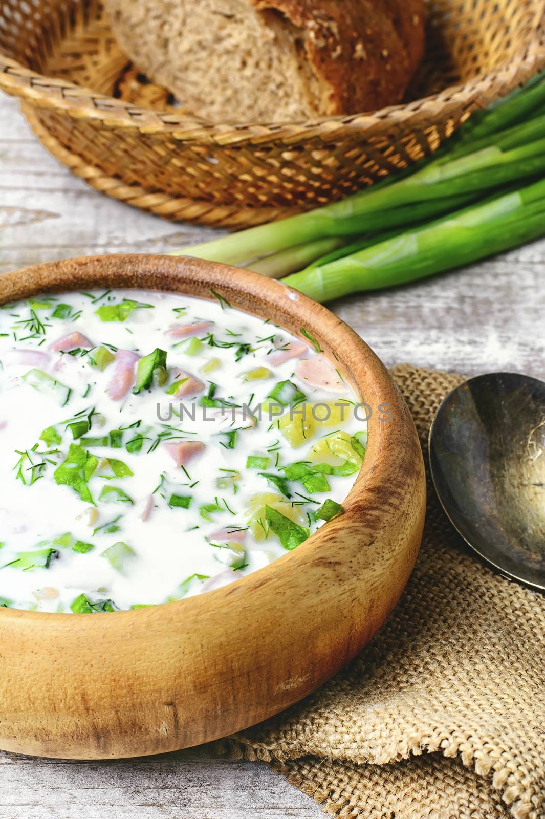 Okroshka,a cold summer soup of fresh vegetables,meat and yogurt