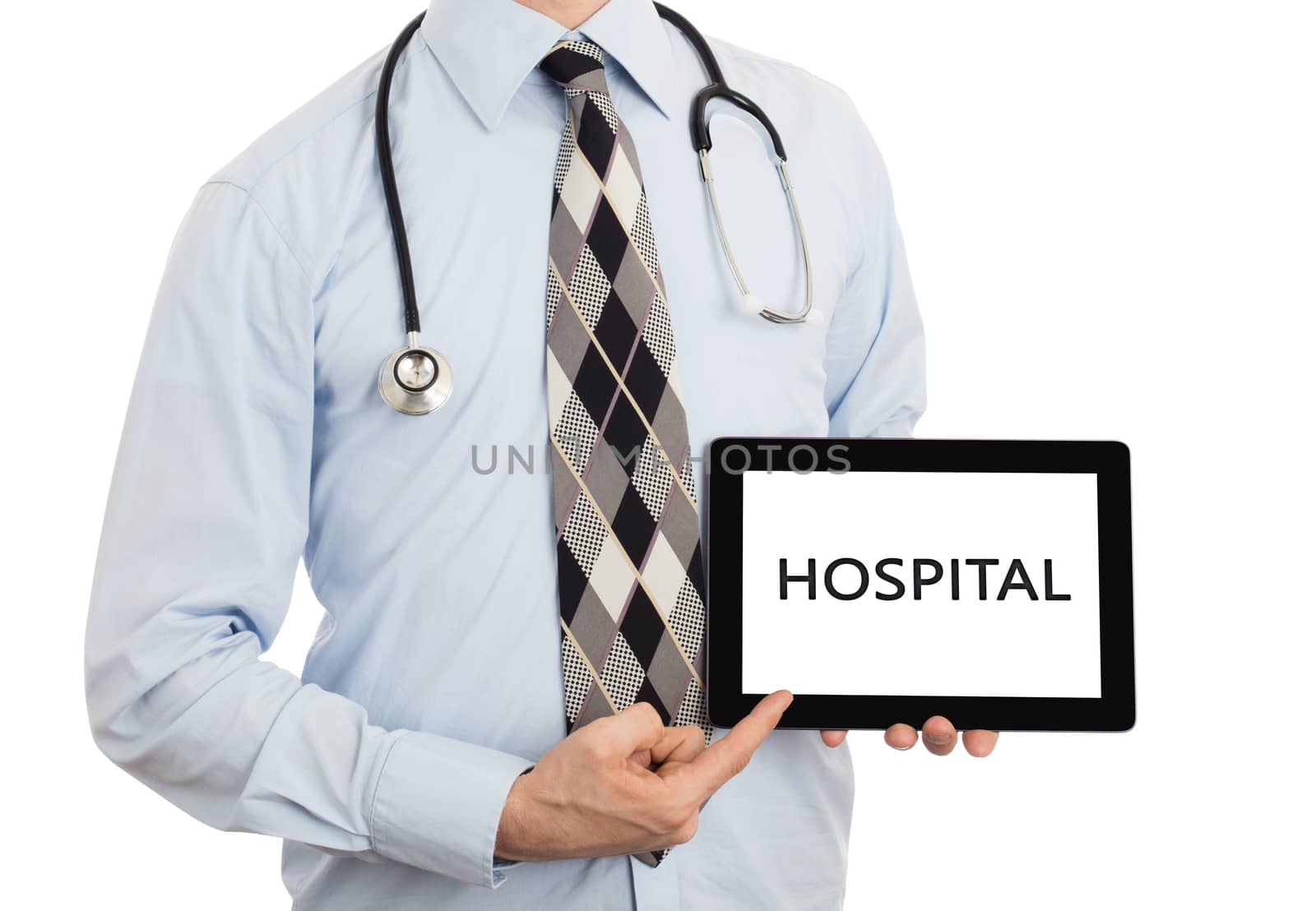 Doctor, isolated on white backgroun,  holding digital tablet - Hospital