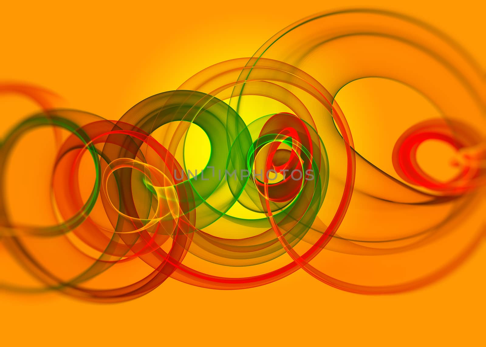 holiday glass transparent rainbow curved spiral and sircles over yellow orange Abstract Background.  horizontal Illustration. by skrotov