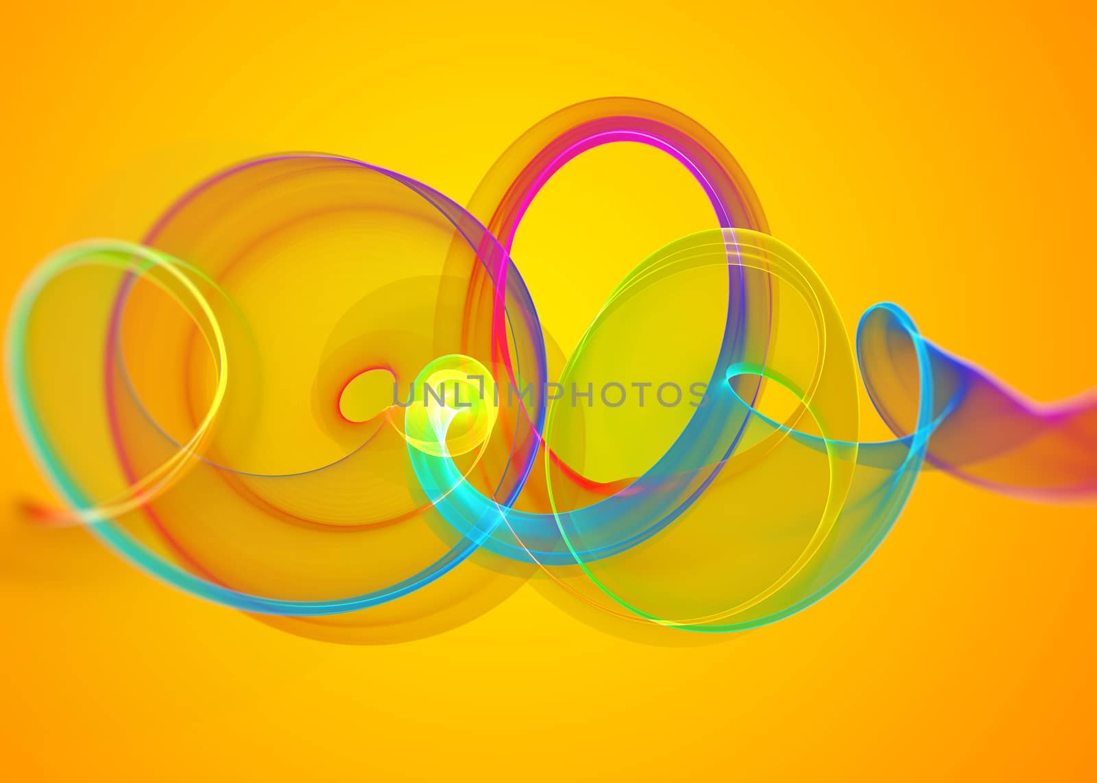 holiday glass transparent rainbow curved spiral and sircles over yellow orange Abstract Background.  horizontal Illustration. by skrotov