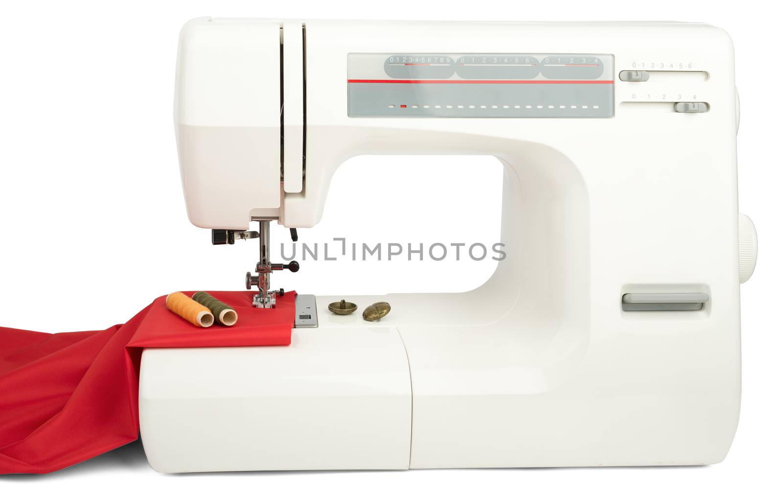 Sewing machine and red fabric isolated on white by cherezoff