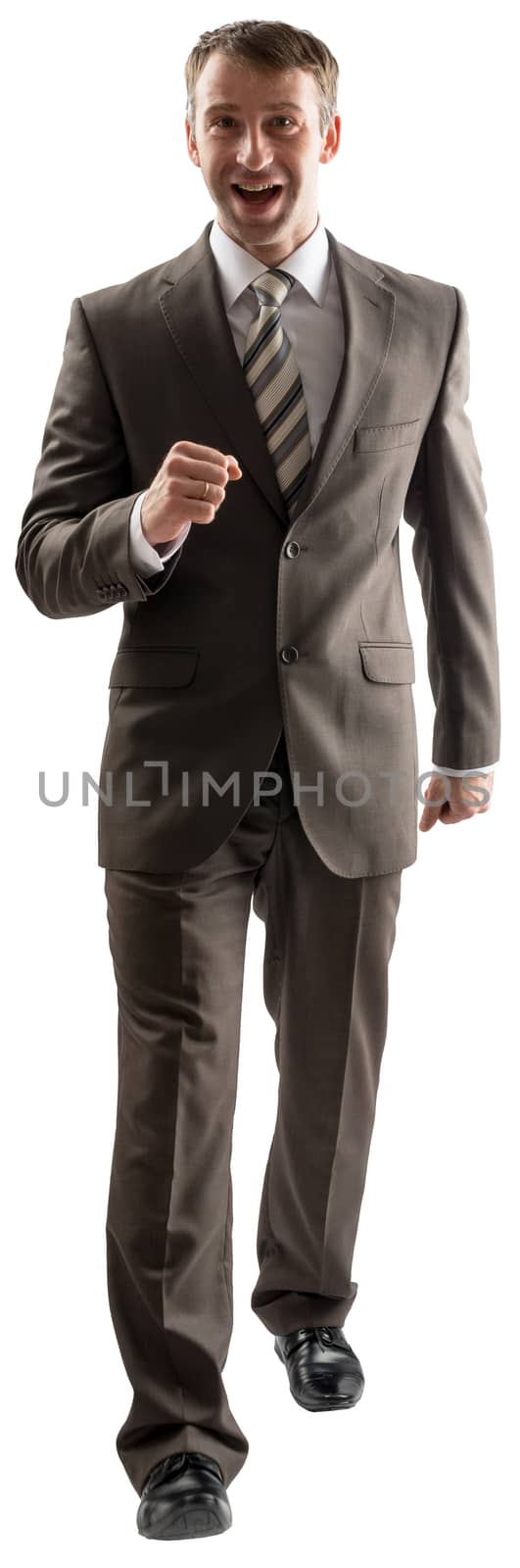 Business man walking and looking at camera isolated on white