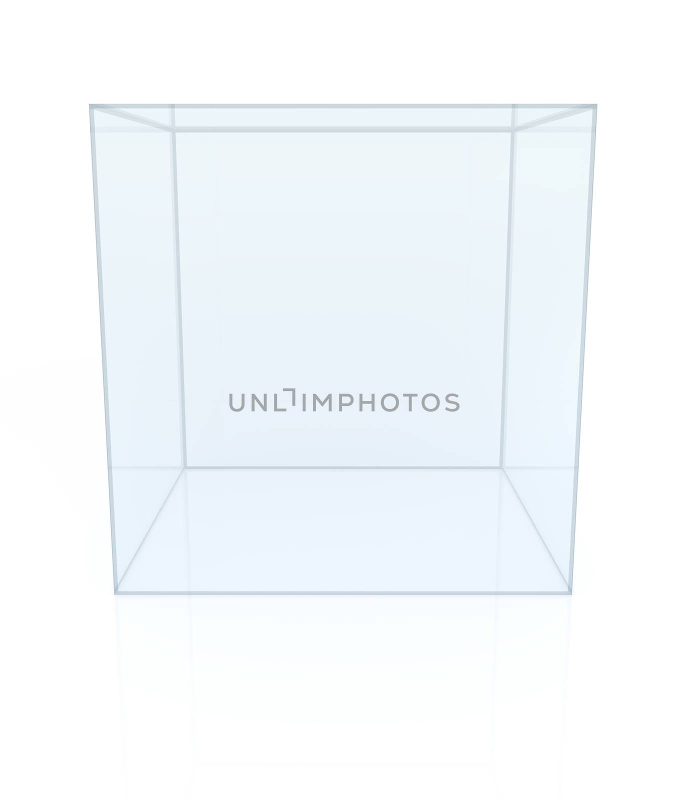 Glass cube. Transparent box. Showcase for project presentation. Isolated on white background. 3d illustration