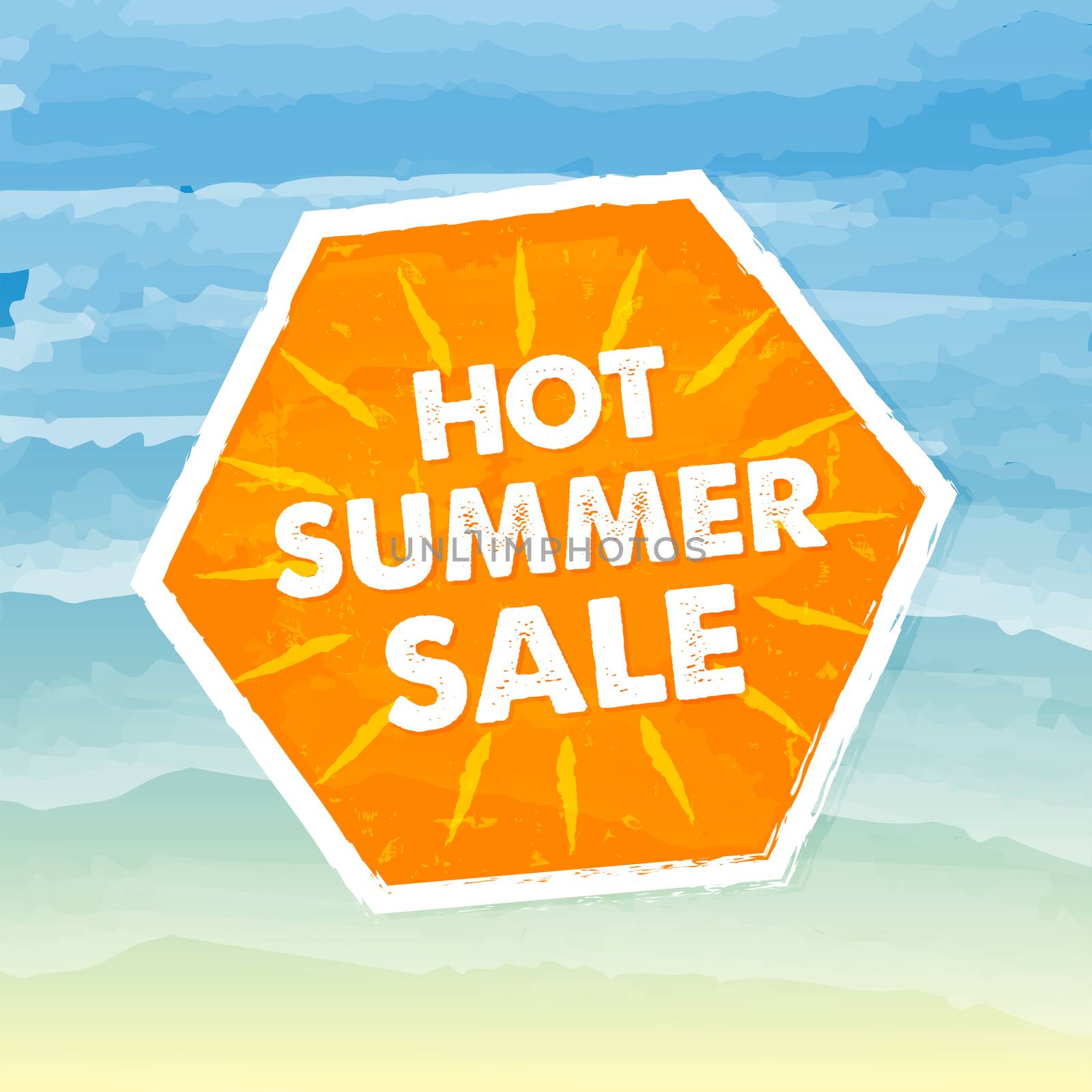 hot summer sale in orange label over sea background by marinini